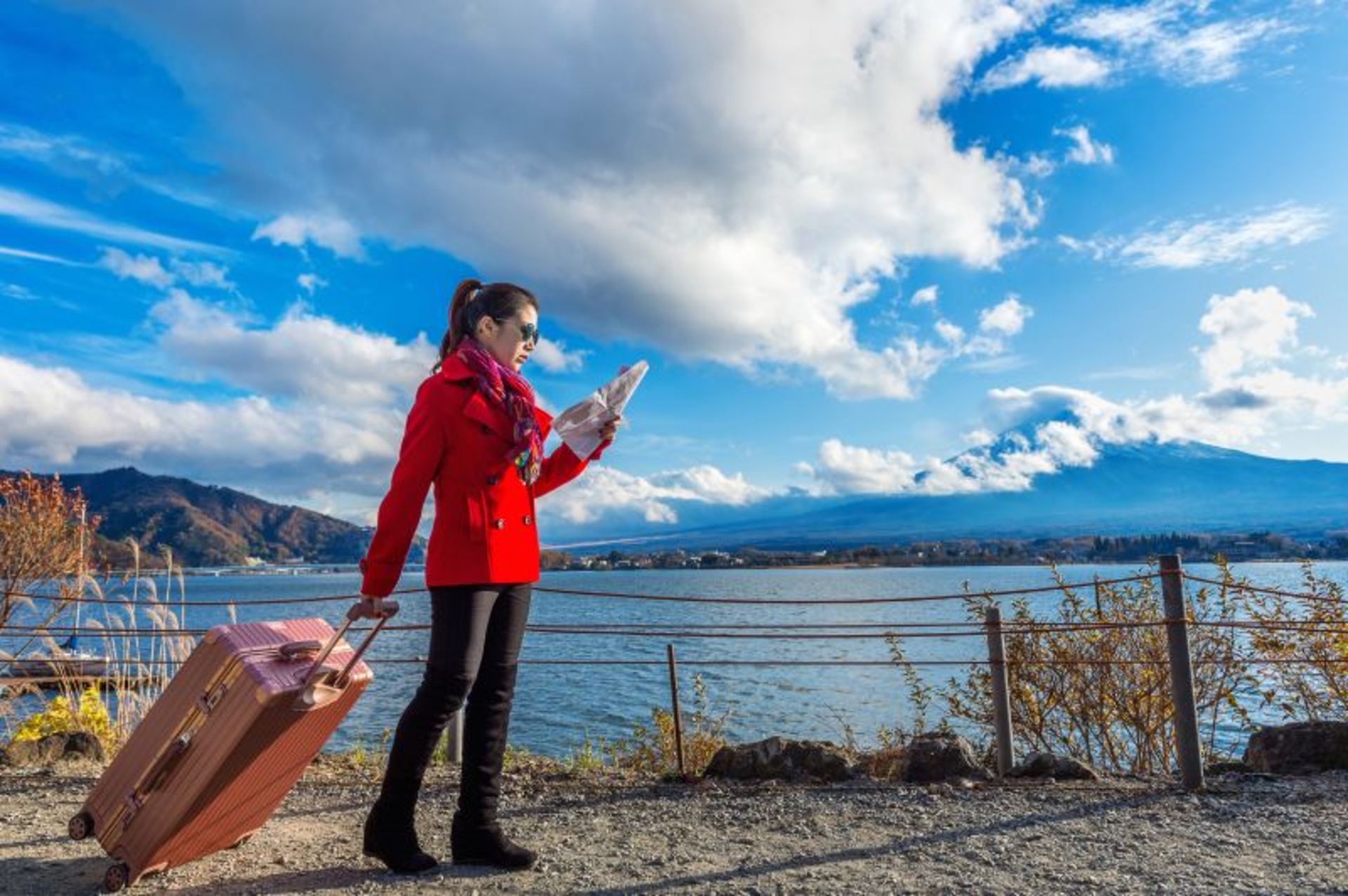 A passenger with a suitcase on the side of the lake