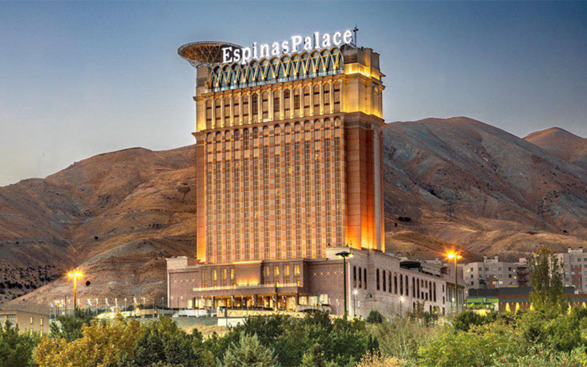 Spinas Palace Hotel building in Tehran at night