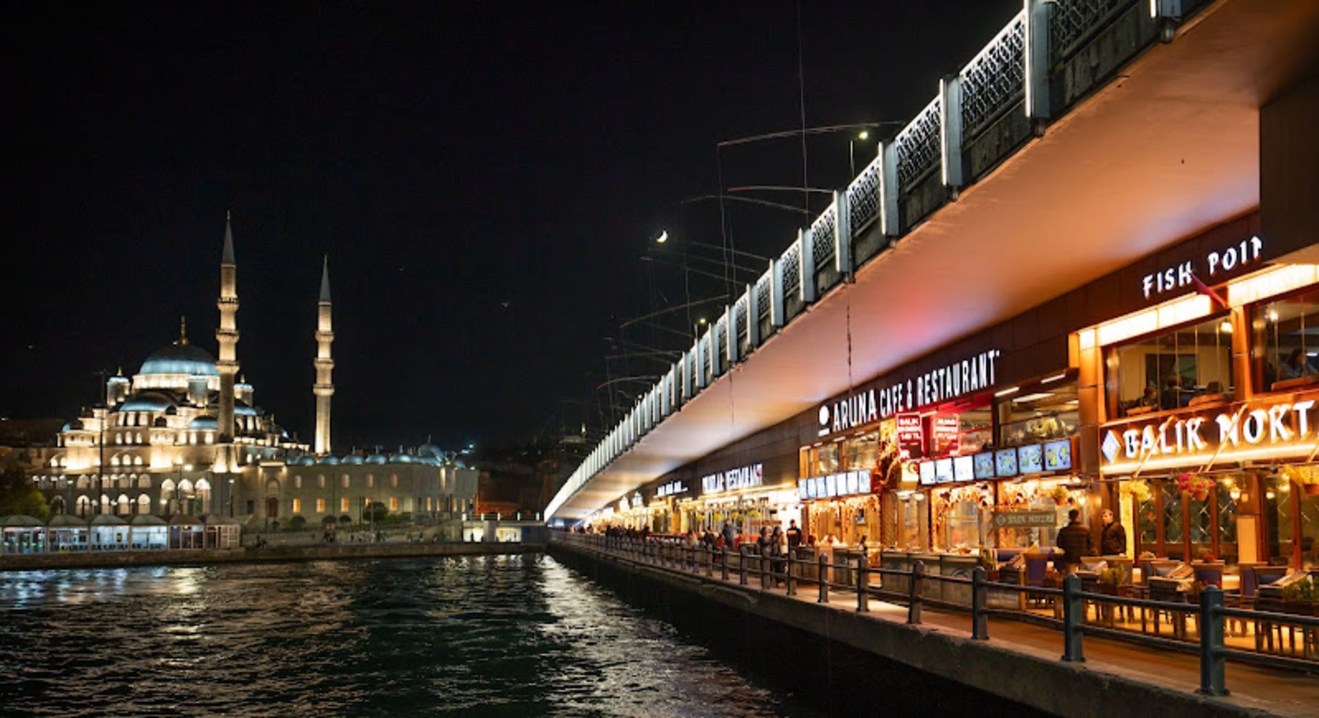 Shops under Galata Bridge in the night