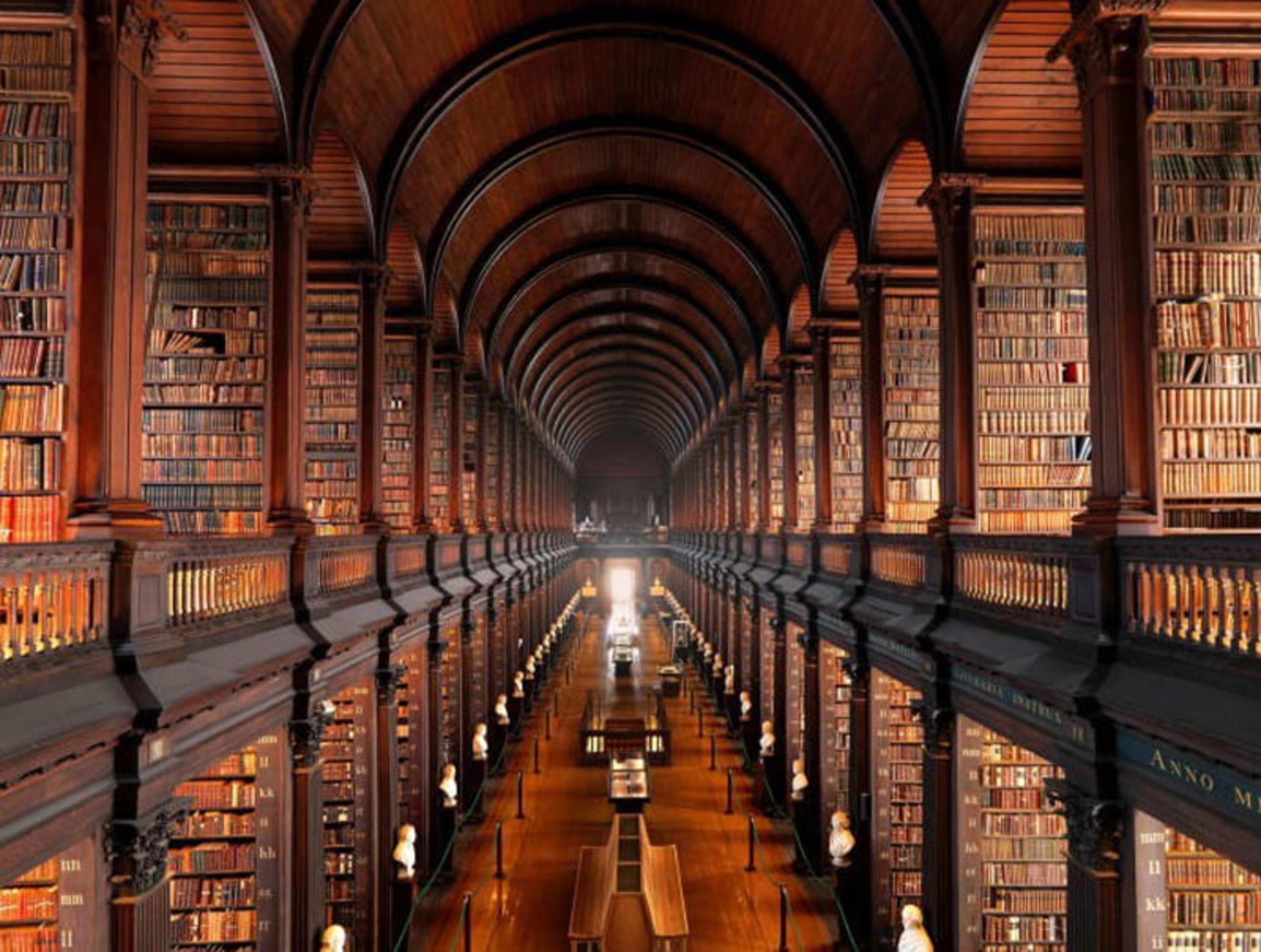 The long and magnifice corridor of the Dublin Trinity College Library with long wooden shelves full of books