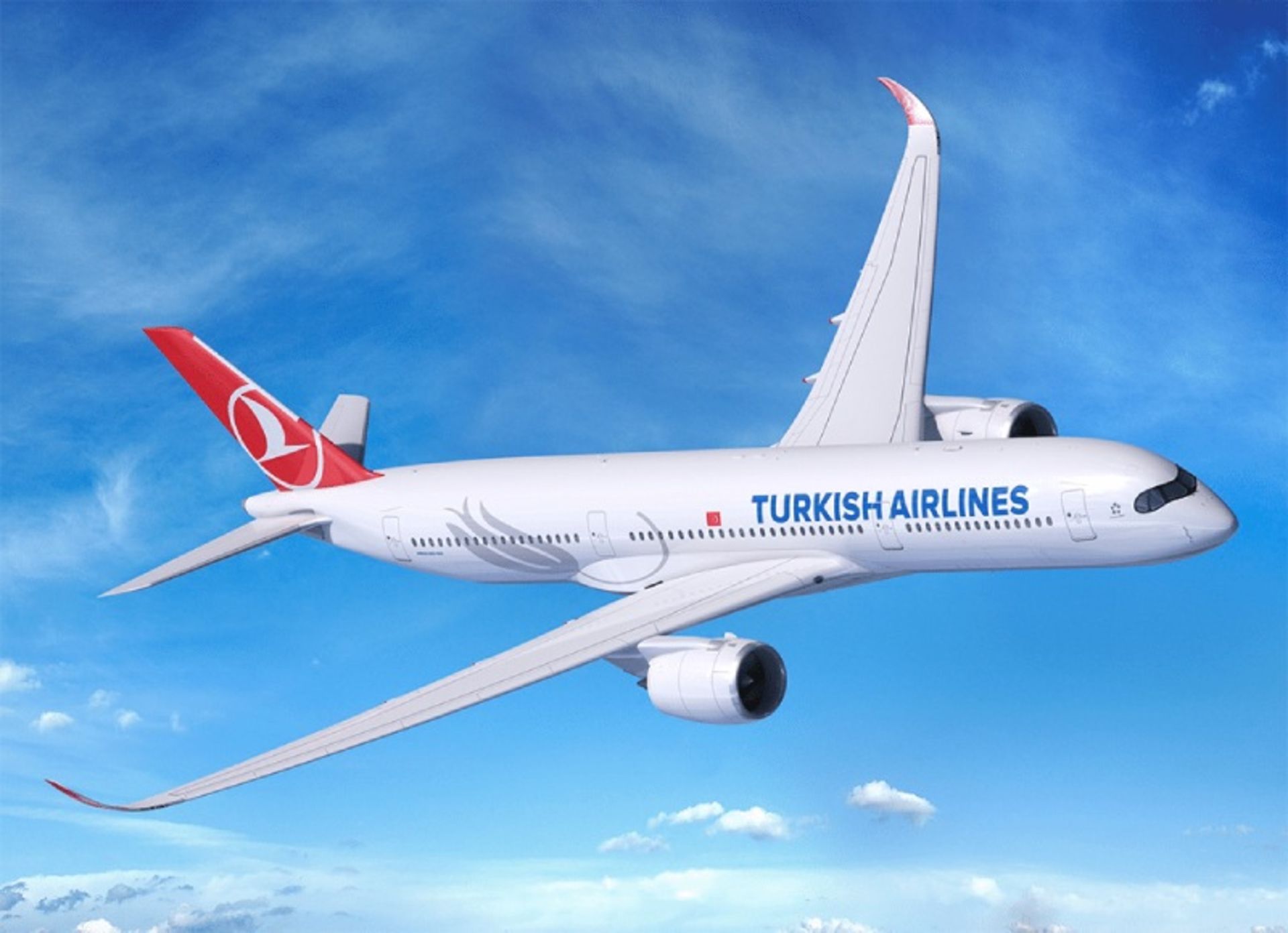 Turkish Airlines plane in the blue sky