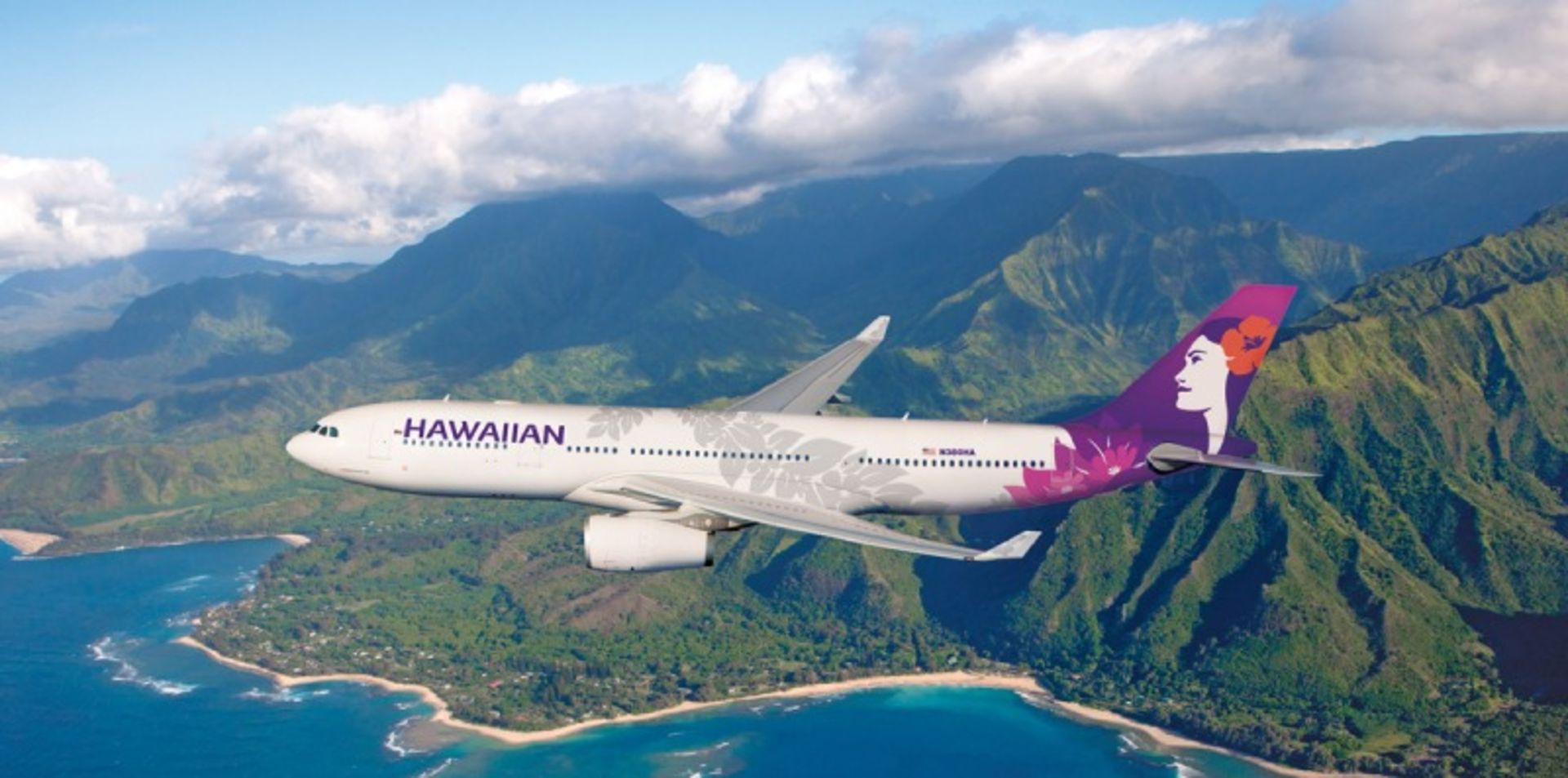 Hawaiian Airlines in the sky over the island