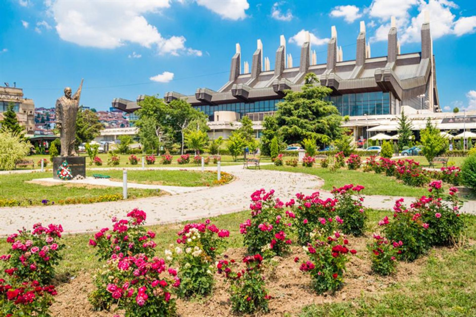 The green space in fro of the office building in Kosovo