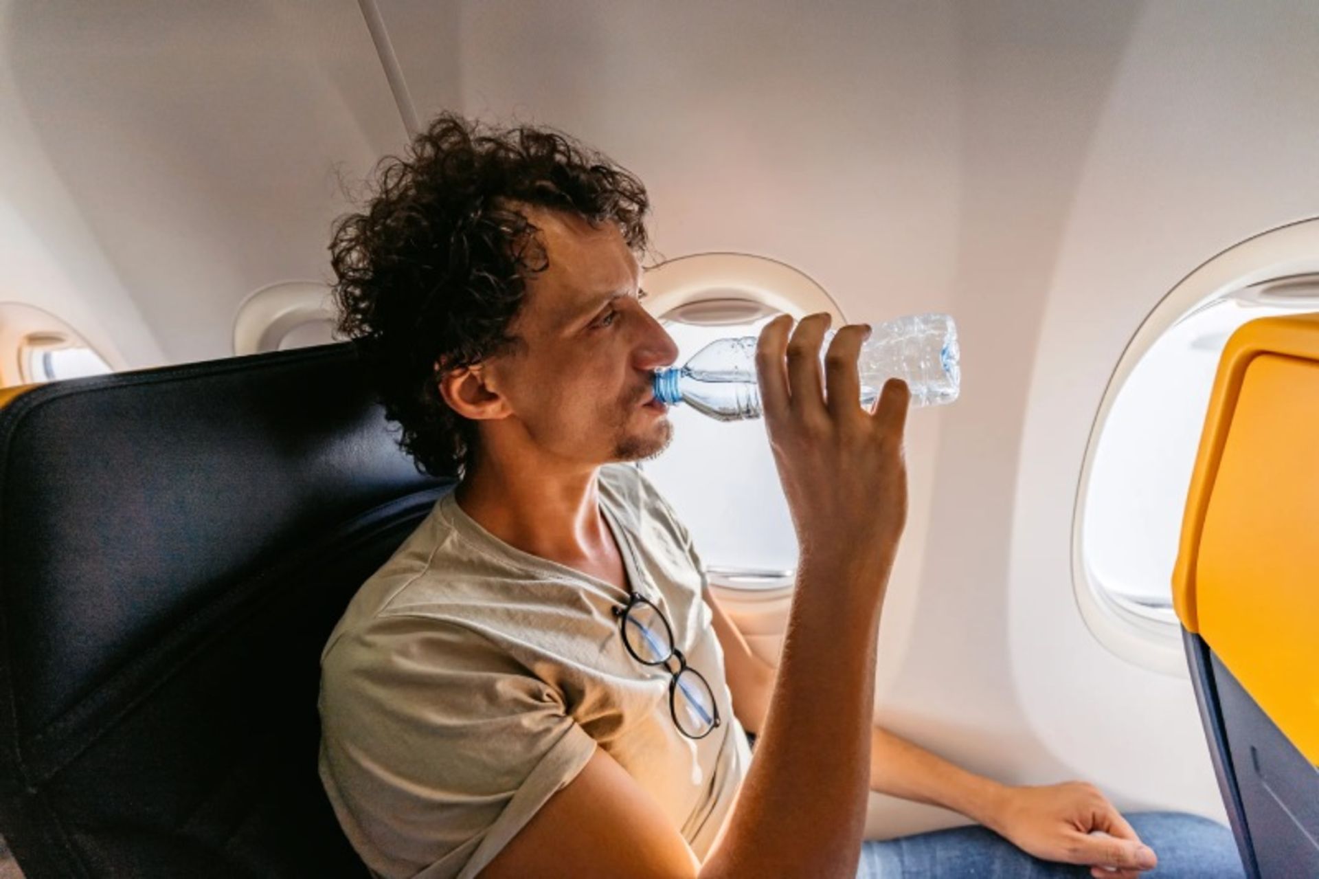 Drinking water on the plane