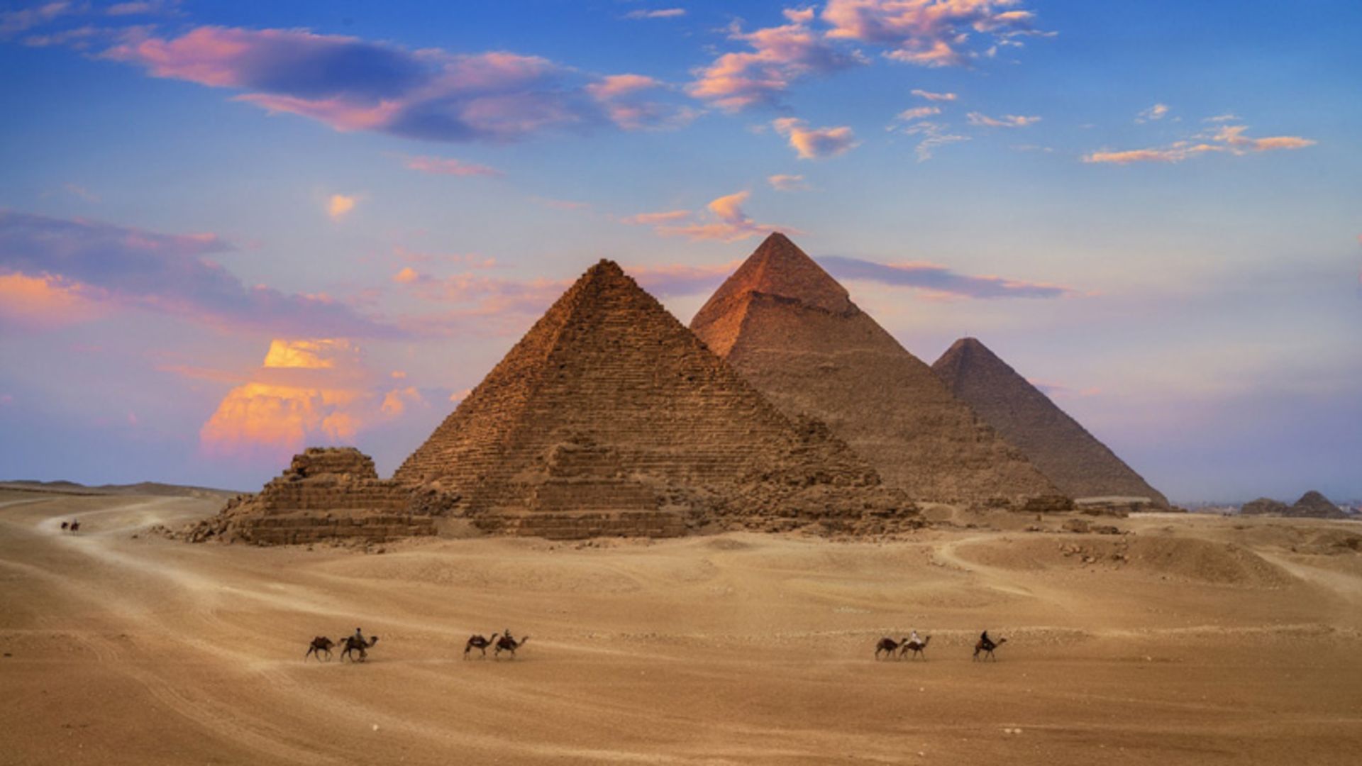 Pyramids of Giza at sunset
