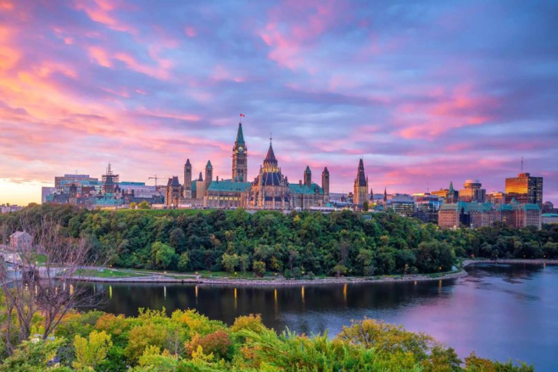 Canadian Parliame Building by River and Trees in Ottawa 