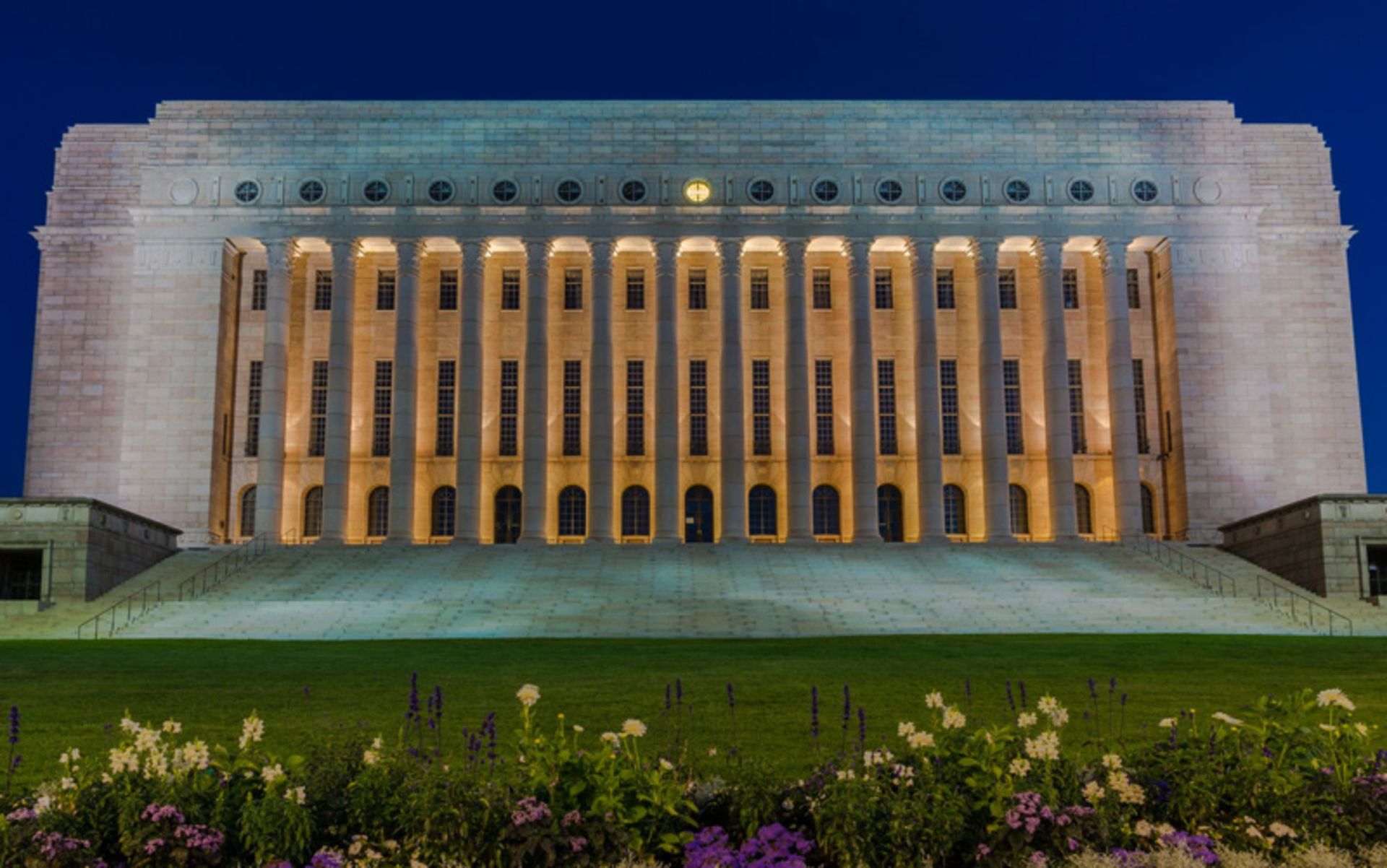 Lighting of the Finnish Parliame Palace at night