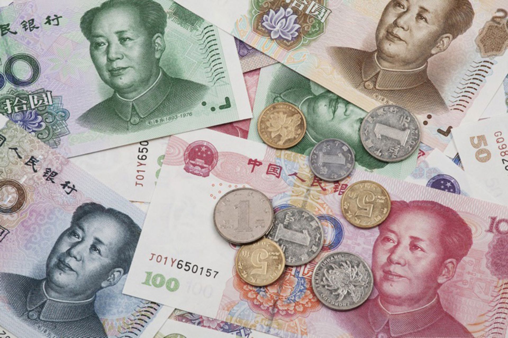 Multicolor bills and coins of yuan china