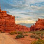 The blue sky and the red rocks of the Sharin Valley