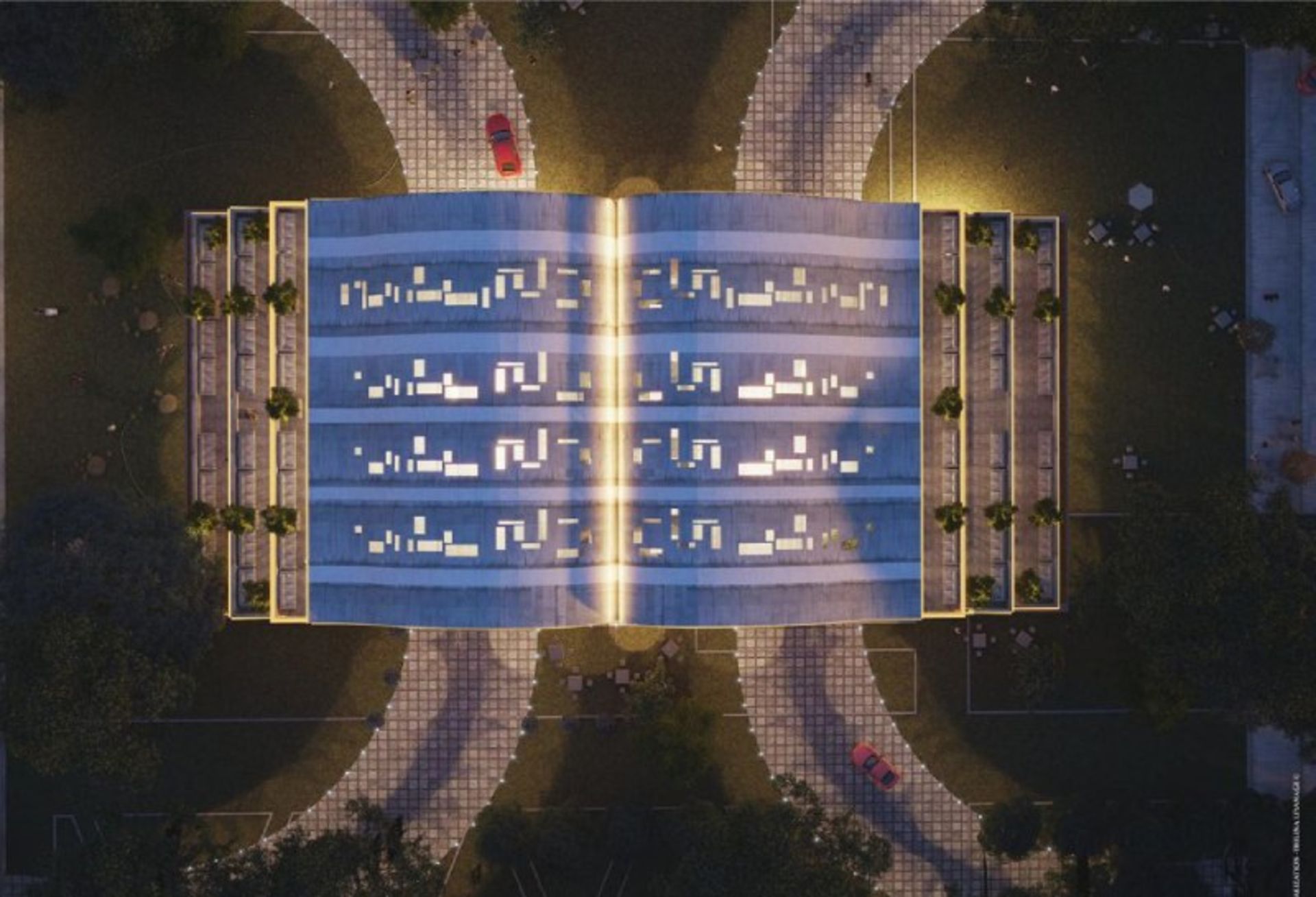 Aerial image of the open book library