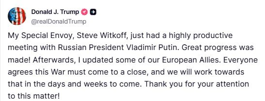 Trump: Putin's and Witcaf's meeting was very constructive
