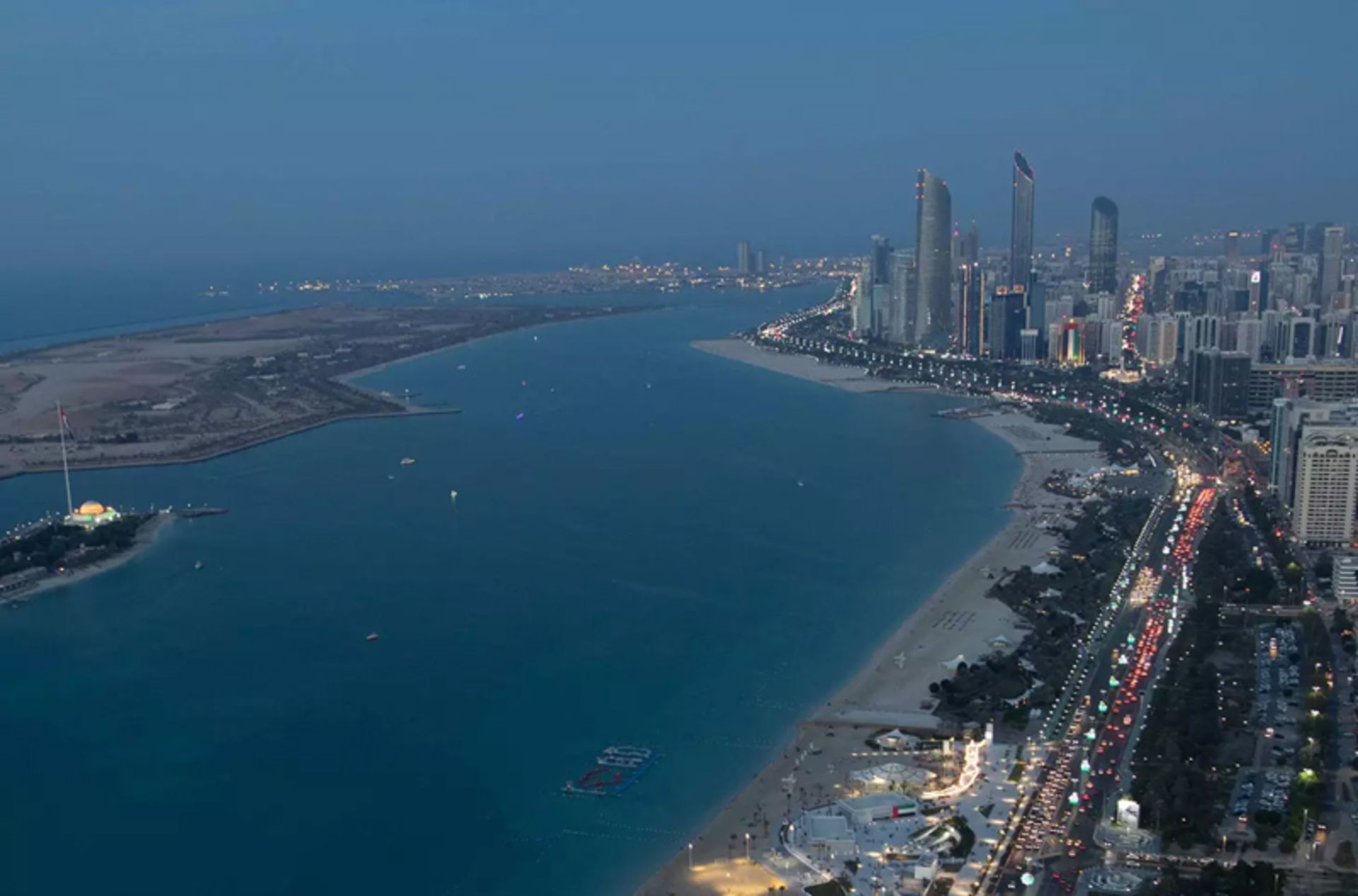 Aerial image of Abu Dhabi's coastline at night