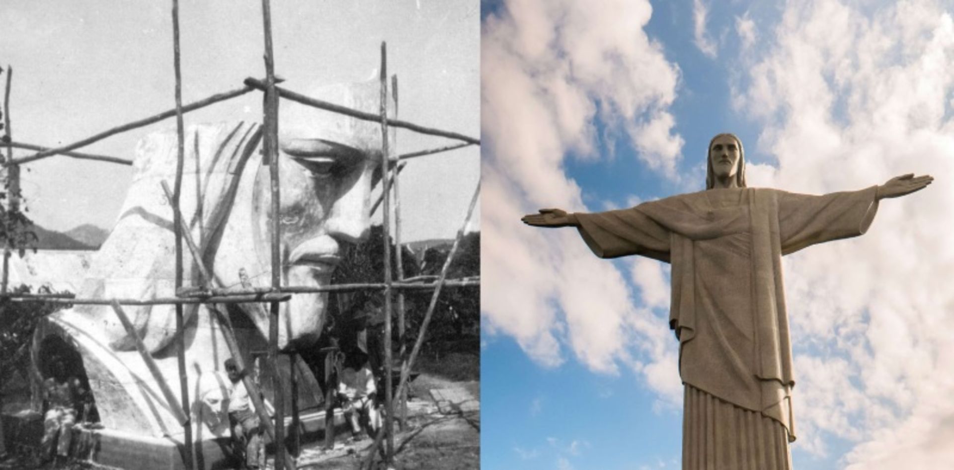 The statue of Christ in the process of construction and after completion