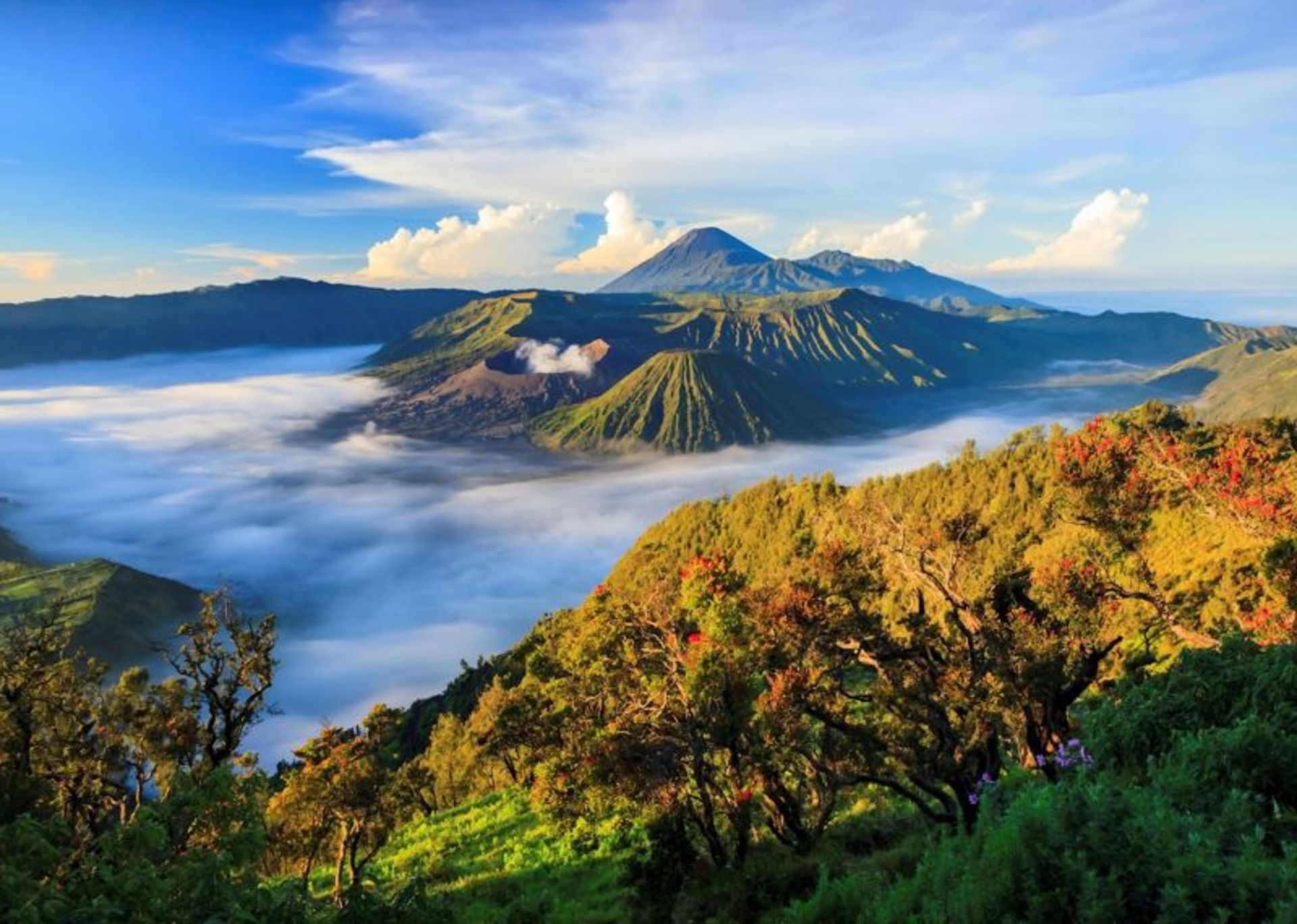 Bromo Mouain surrounded by clouds in Indonesia