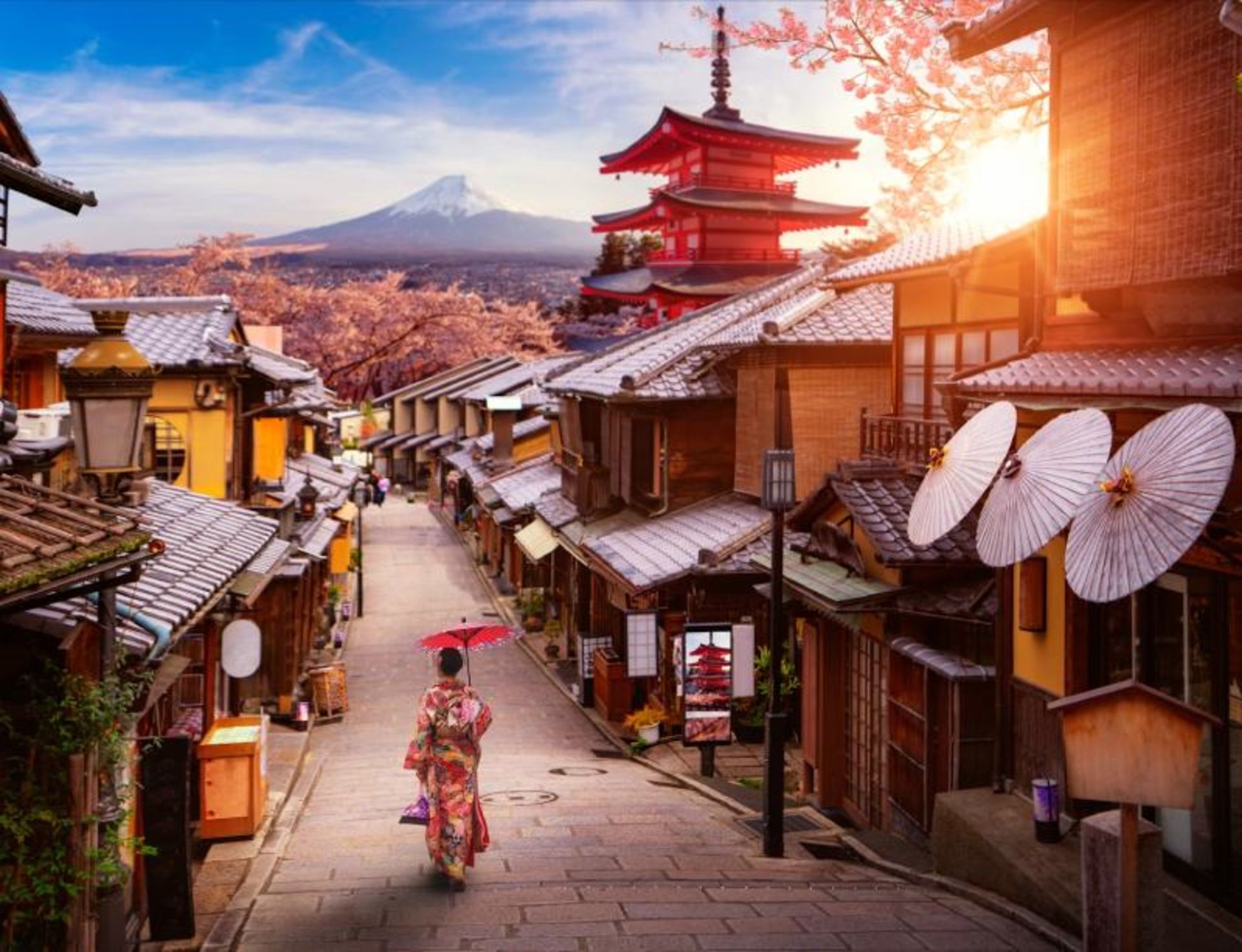 A woman wearing a traditional Japanese dress among Kyoto's traditional homes