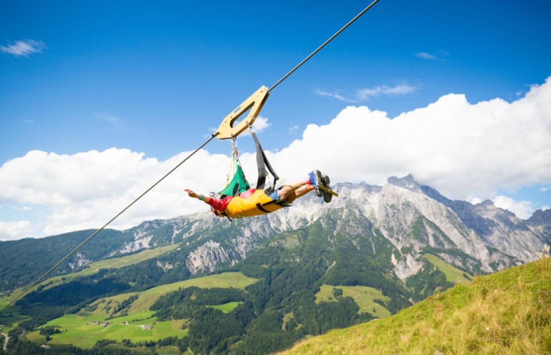A person on the Zip Line Line Line Flat Fox XL over nature