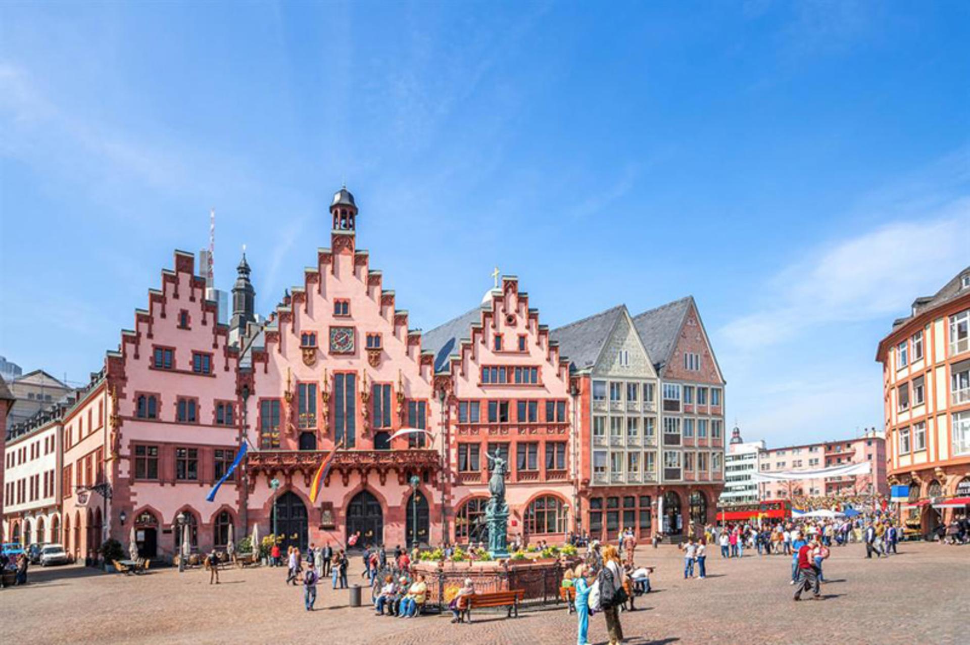 Buildings with colored facades in Romeberg Square Frankfurt 