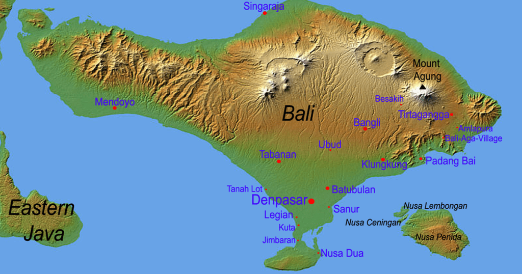 Map and geographic location of the island of Bali 