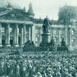 People's rally in front of the Reichsteg building in Berlin in the old