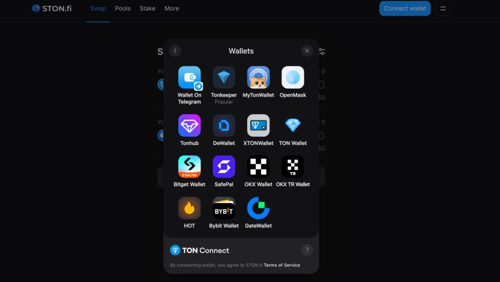 Selection of wallets to connect to Aston Fi