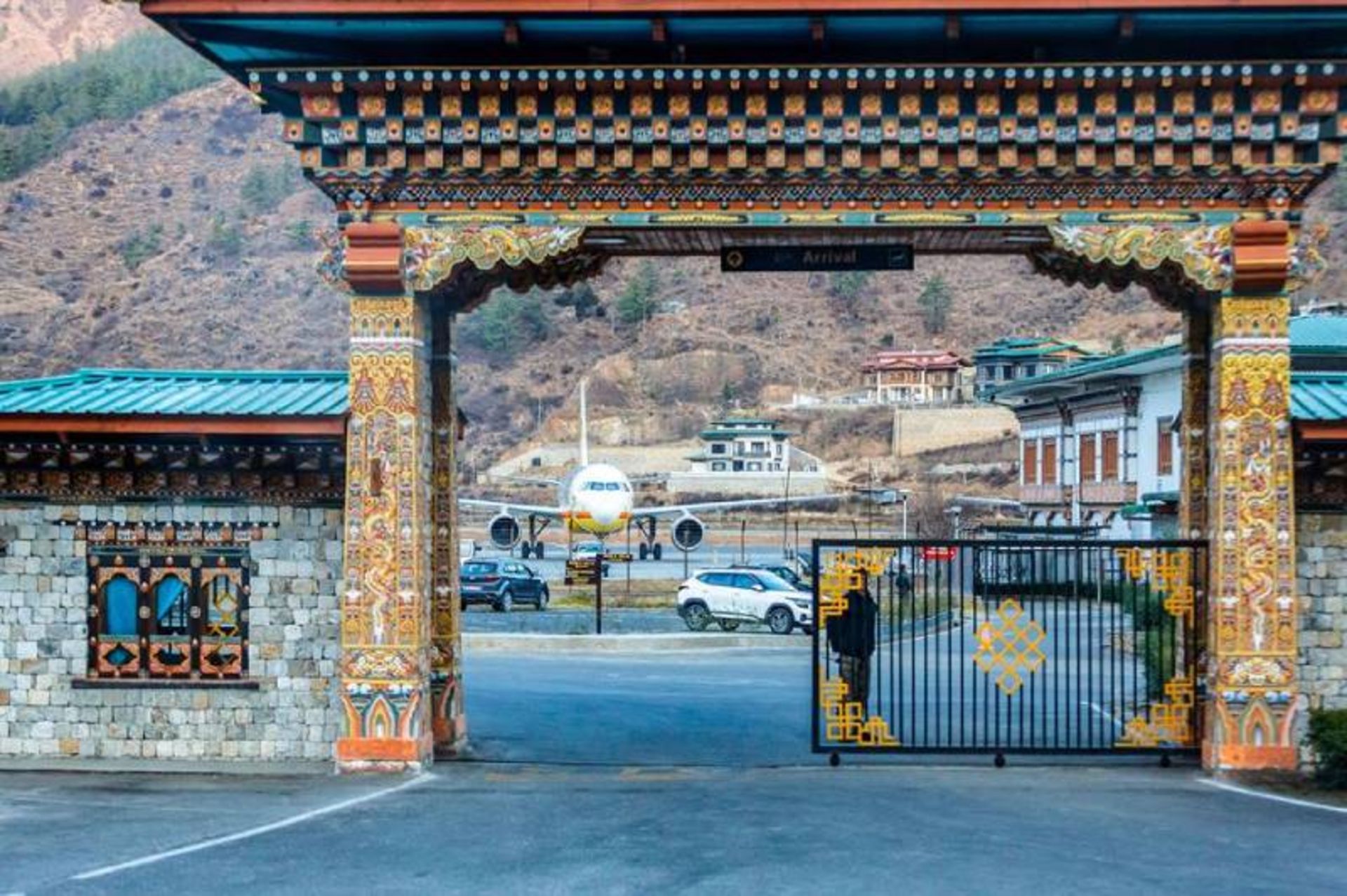 Airplane on the runway of Paro Iernational Airport in Bhutan