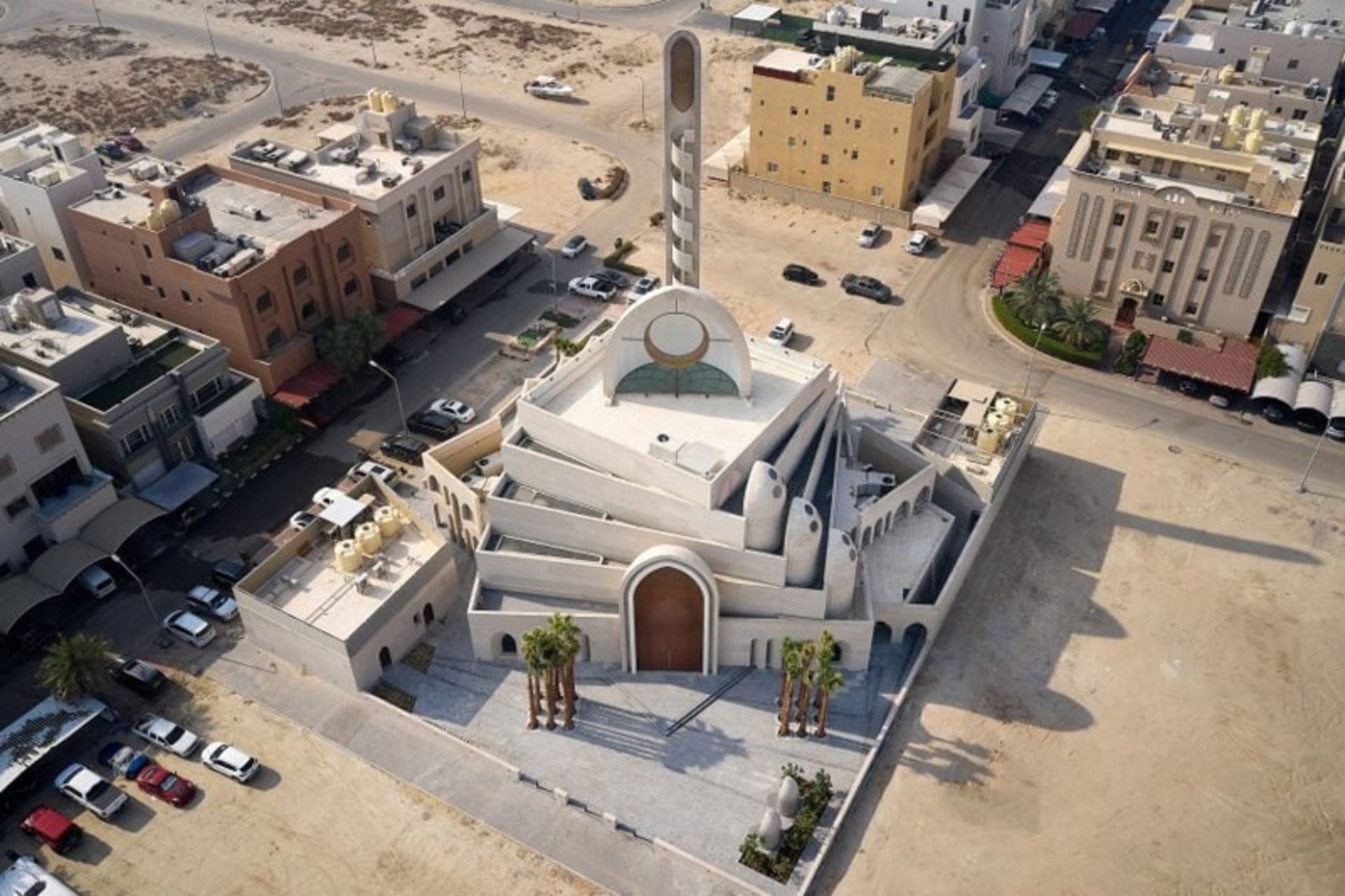 Aerial shot of the volume structure of the Mamluk mosque in Kuwait