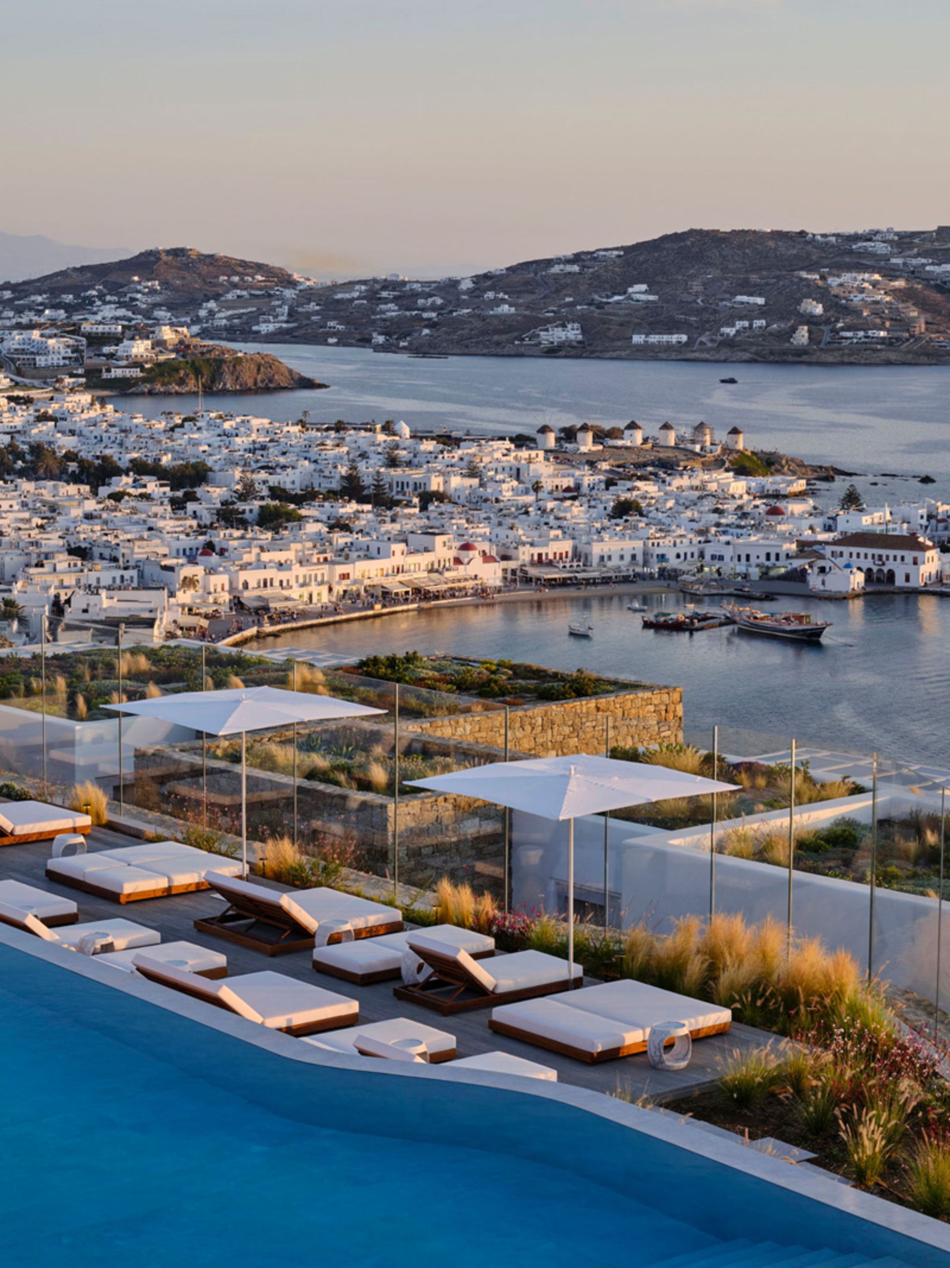 View from the terrace of Deos Hotel in Mykonos, Greece