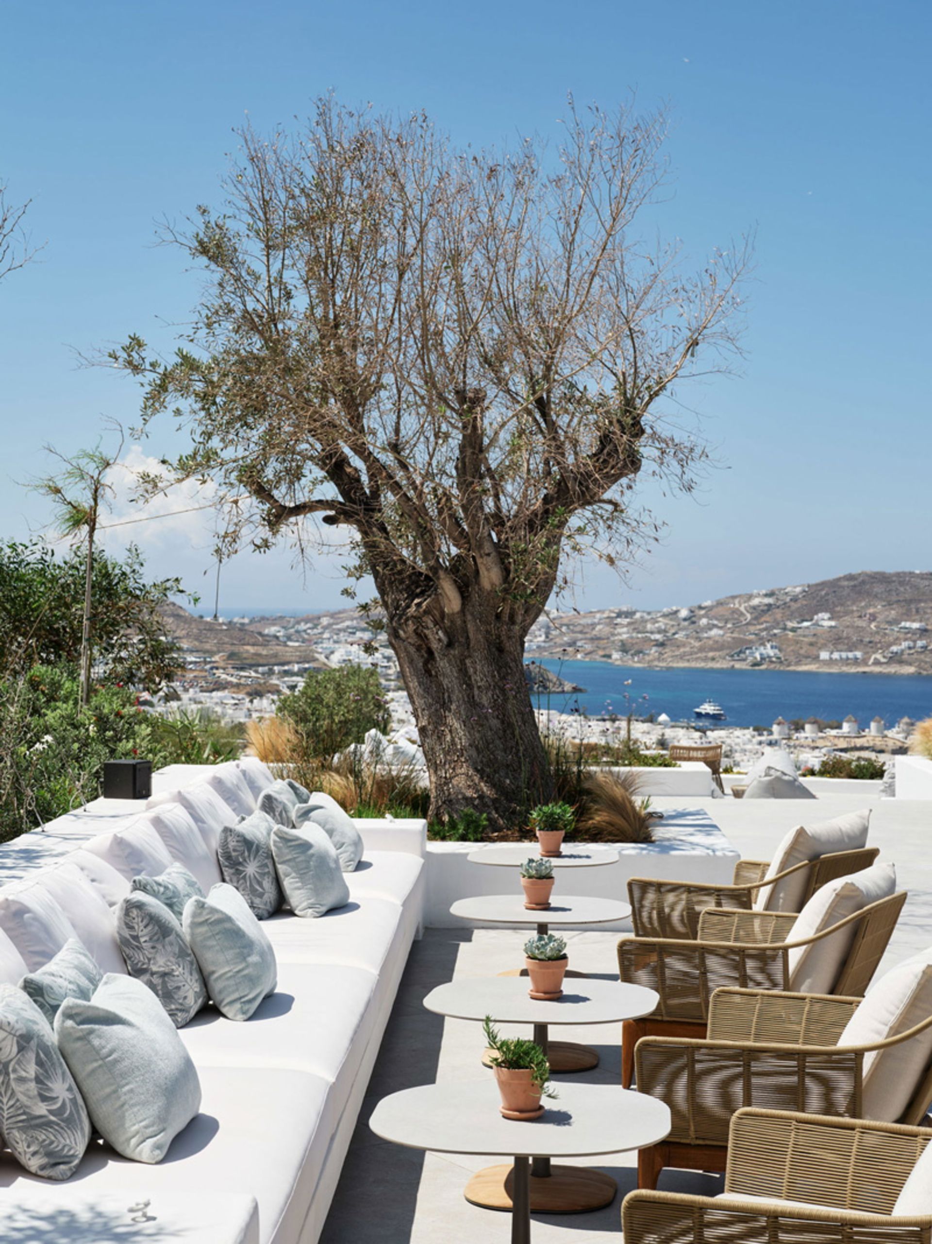 The terrace of the Deos Hotel in Mykonos, Greece
