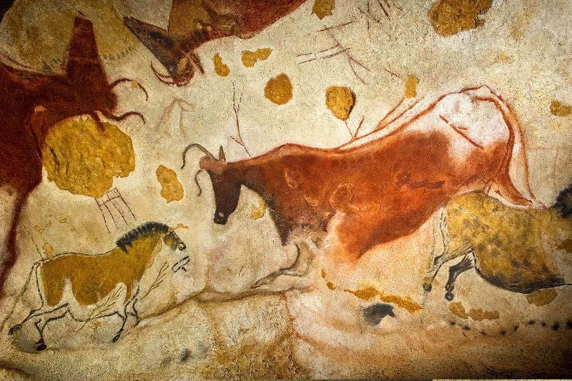 The image of old ancie art motifs on rocks and images of horses