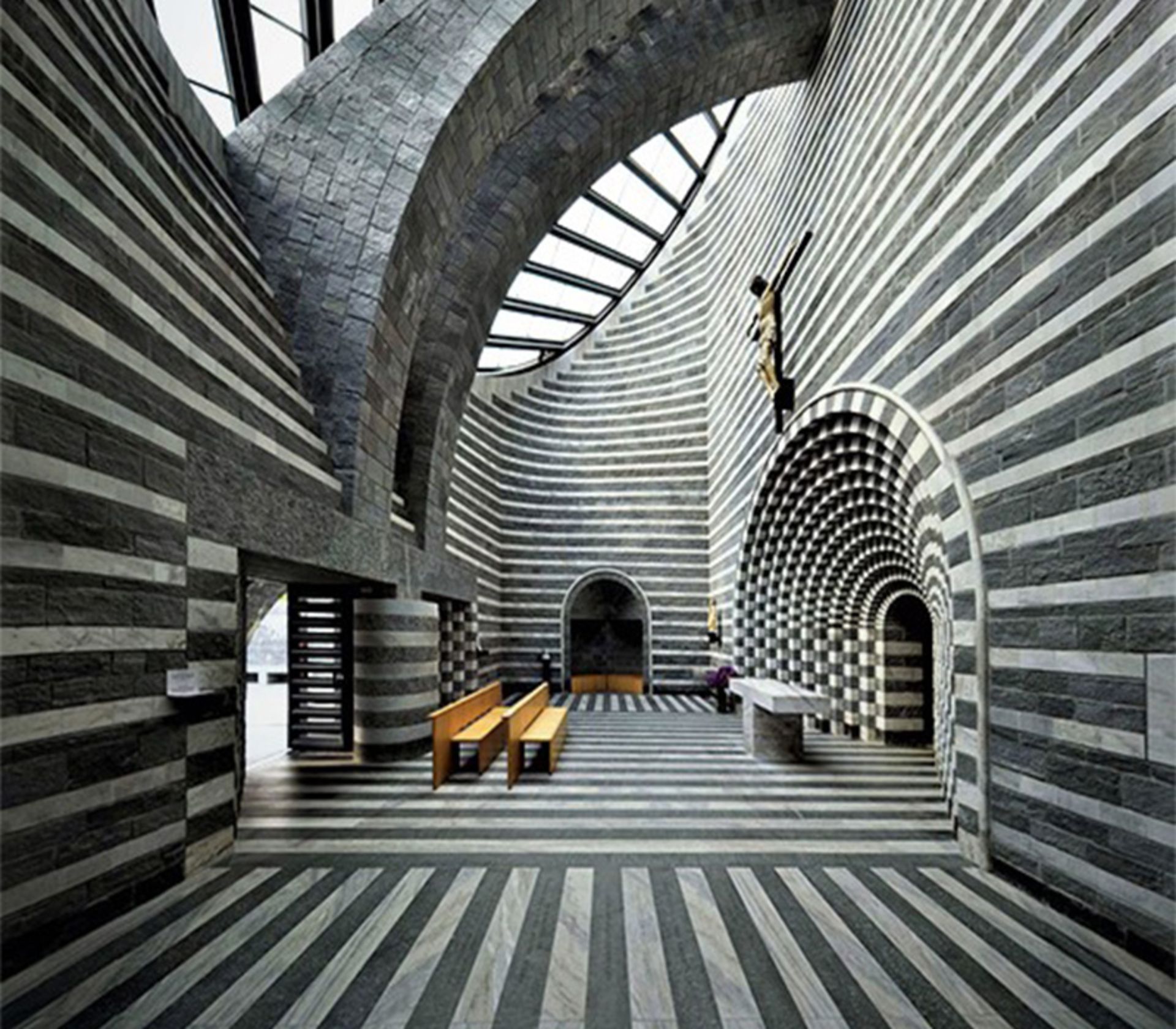 The striped ierior of Mario Botta's church