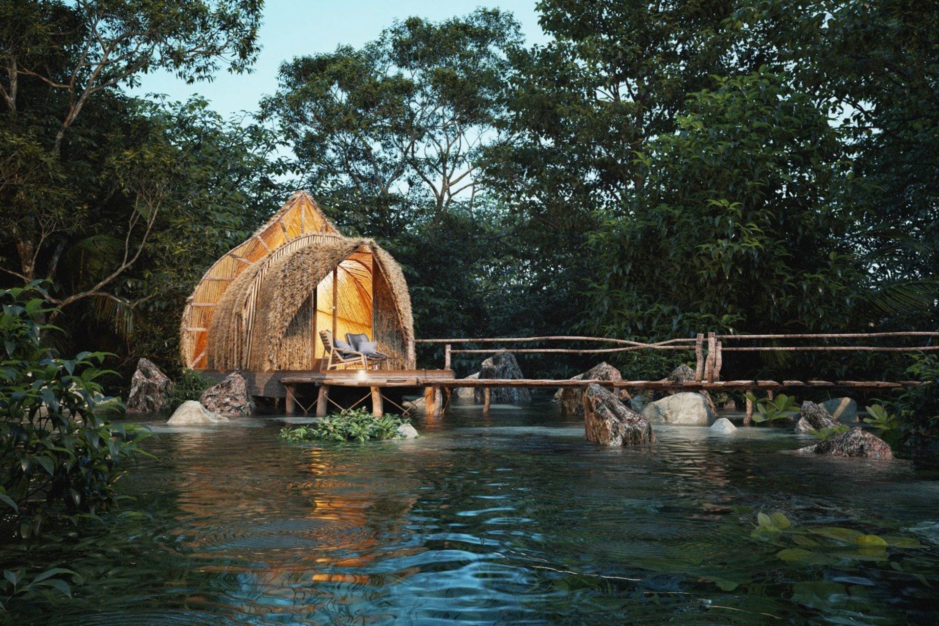 Sri Lanka glamping hut at night