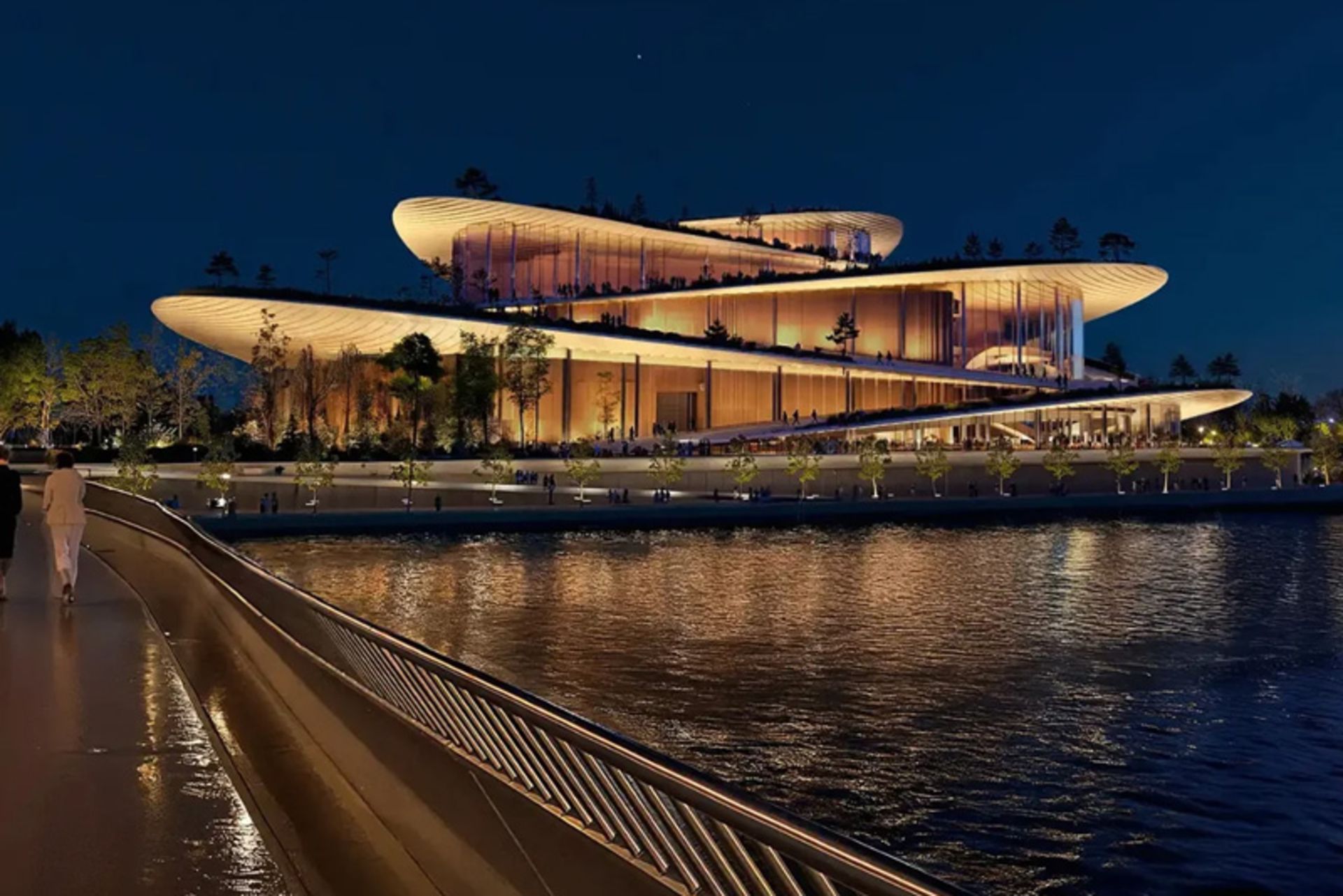 Night view of Hamburg's new opera house by the water
