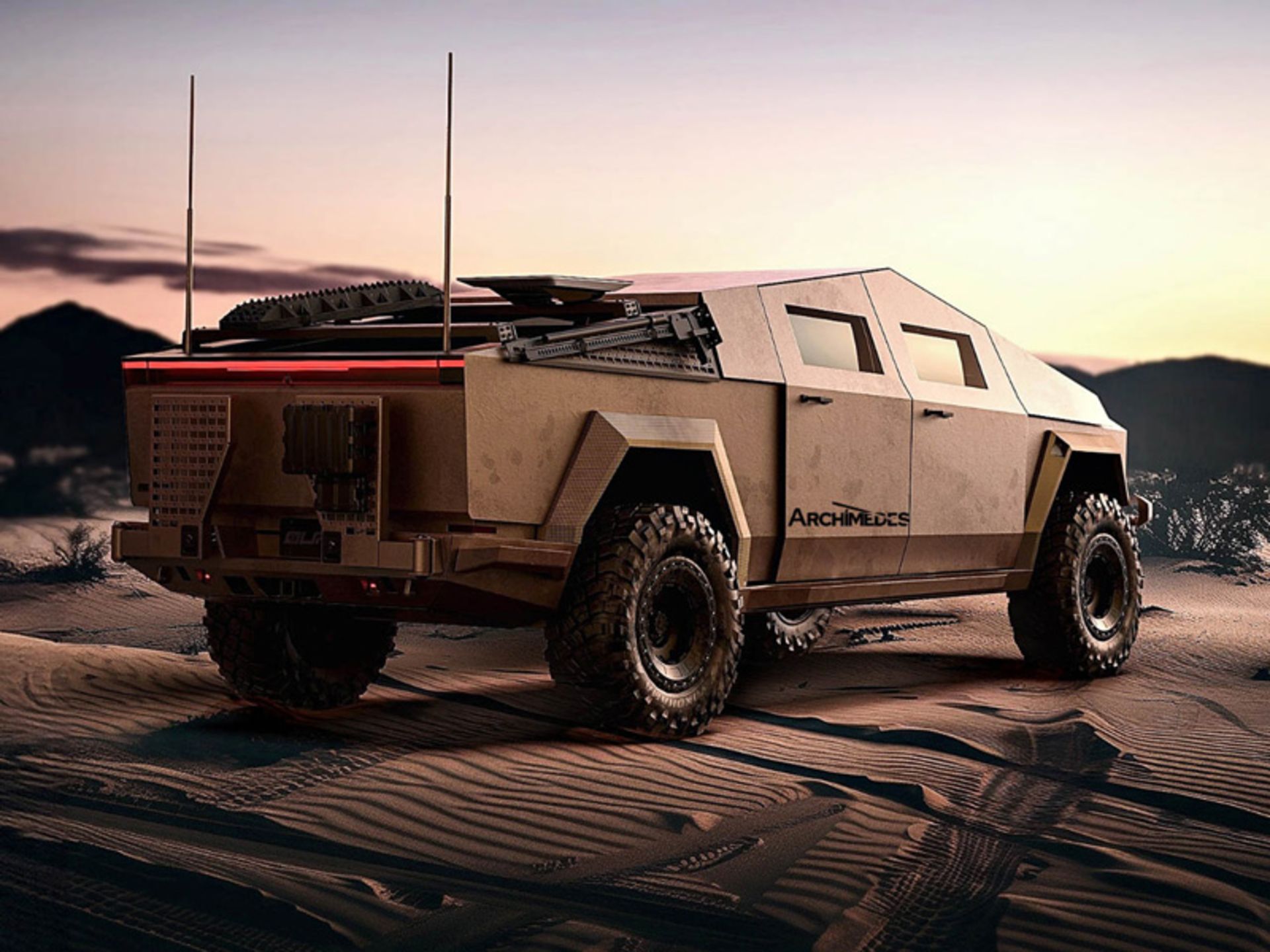 Back view of Keith Sting on Cybertruck in desert environment