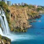 Duden waterfalls in Antalya and white boats