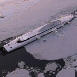 Aerial view of Migalo M5 ship in polar waters