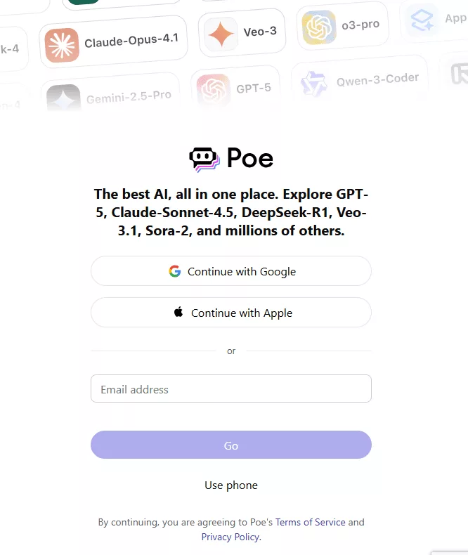 The poe site login page where you can log in with Google accou, Apple accou and other emails in order from top to bottom.