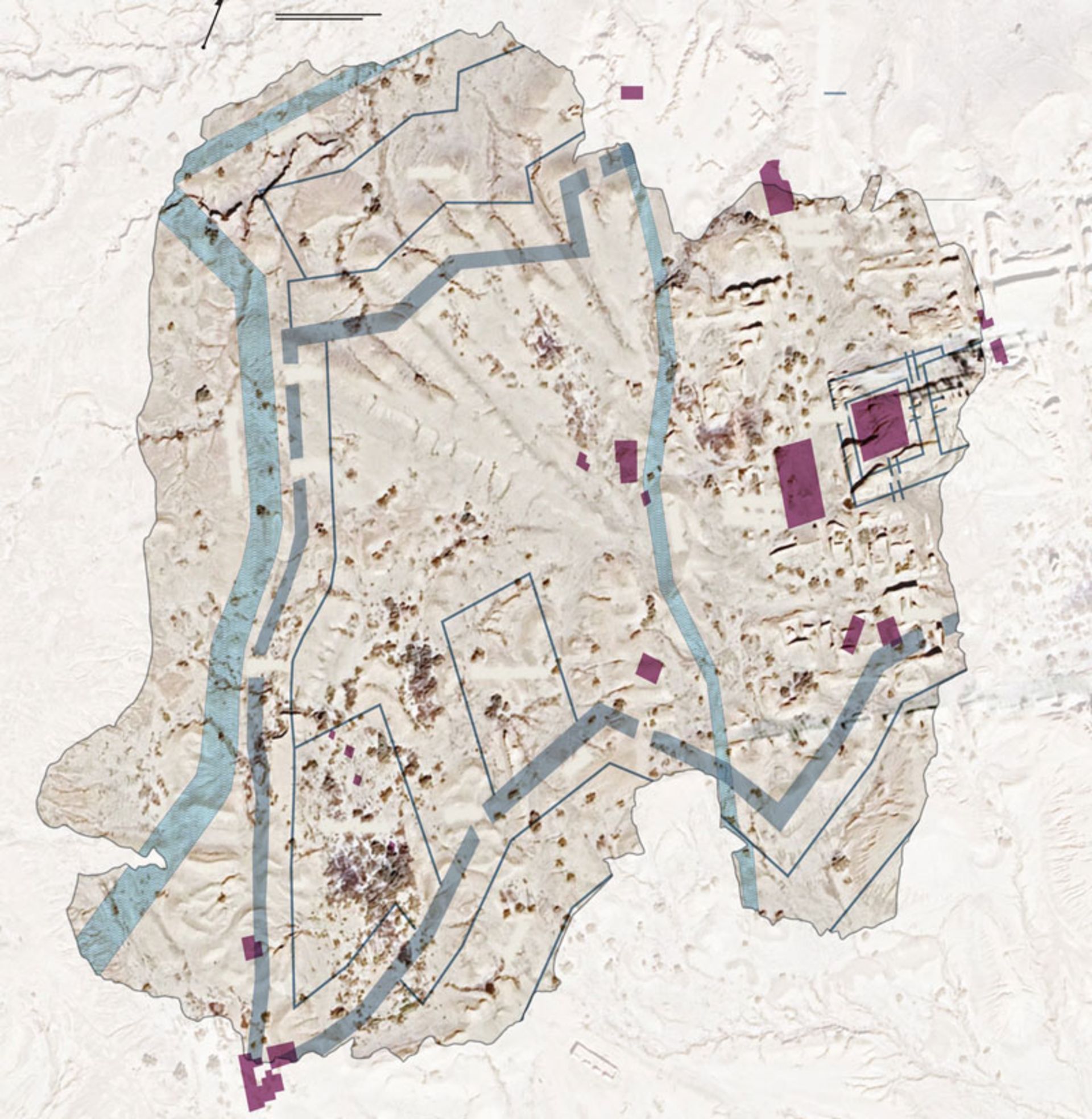 Accurate adaptation of the ancie map of Nippur (blue and purple lines) on the satellite view of today's ruins