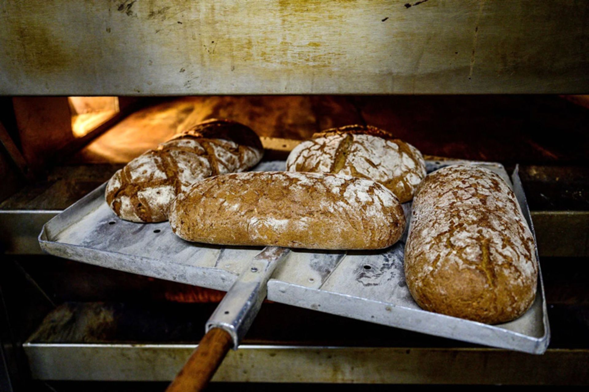 Rye bread in the bakery oven