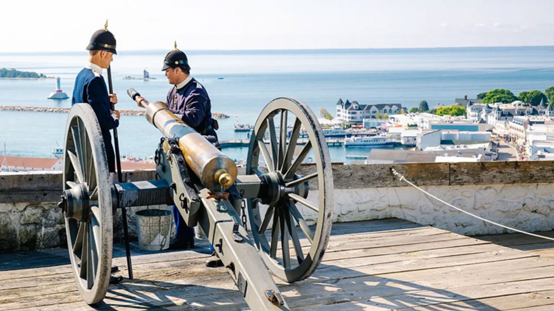 Historical reenactme of cannon fire at Mackinac Island Fort