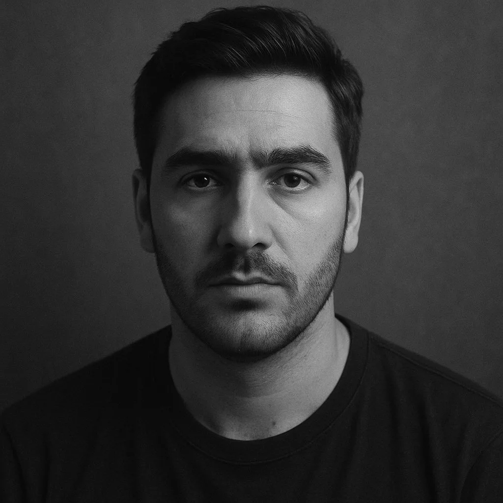 Black and white artistic portrait of a man created by artificial ielligence