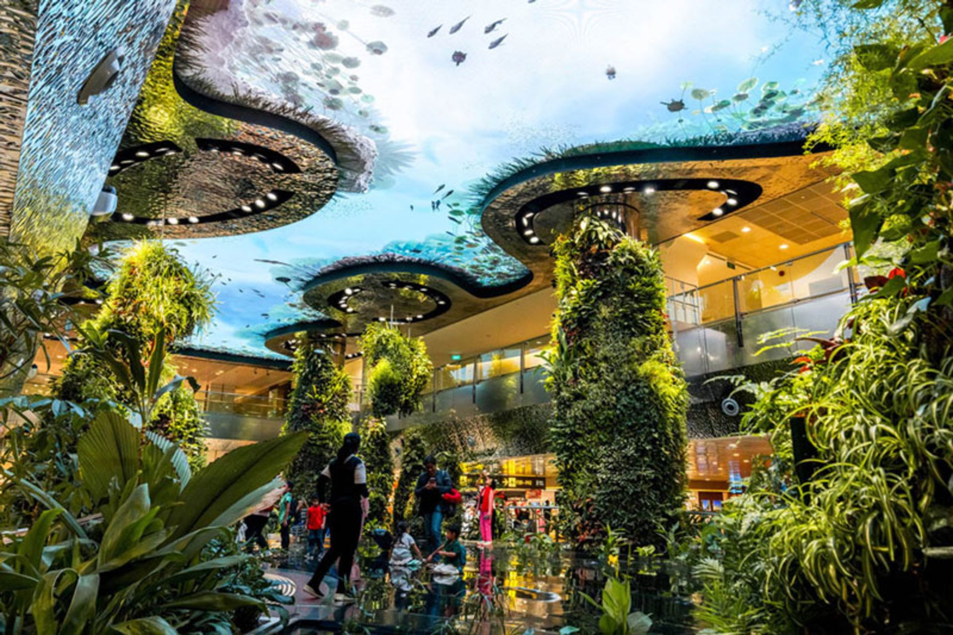 The ierior of Singapore's Changi Airport is designed with lush vegetation