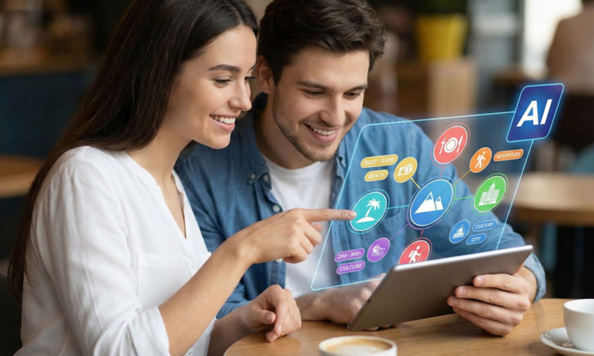 A man and a woman planning a trip with artificial ielligence