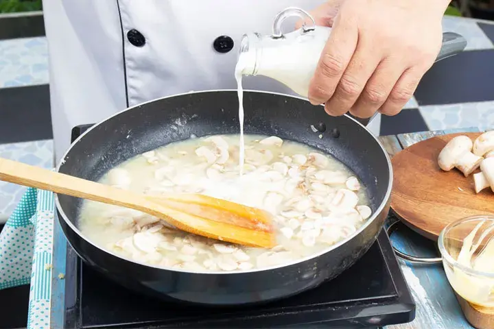 Add milk to the mushroom soup if the soup thickens