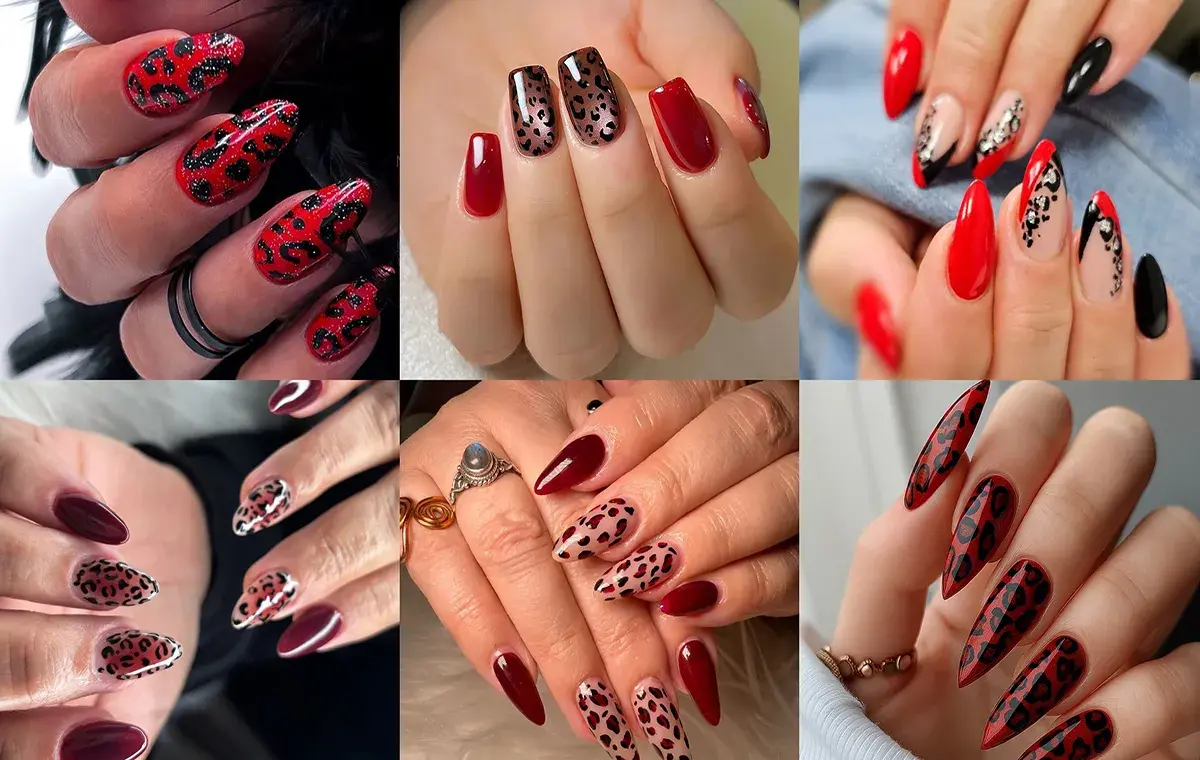 Red and black leopard nail design