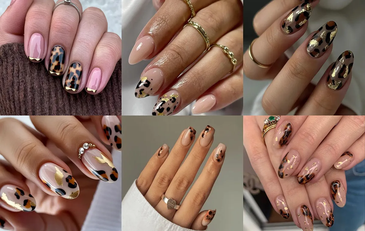 Leopard nail design with gold leaf