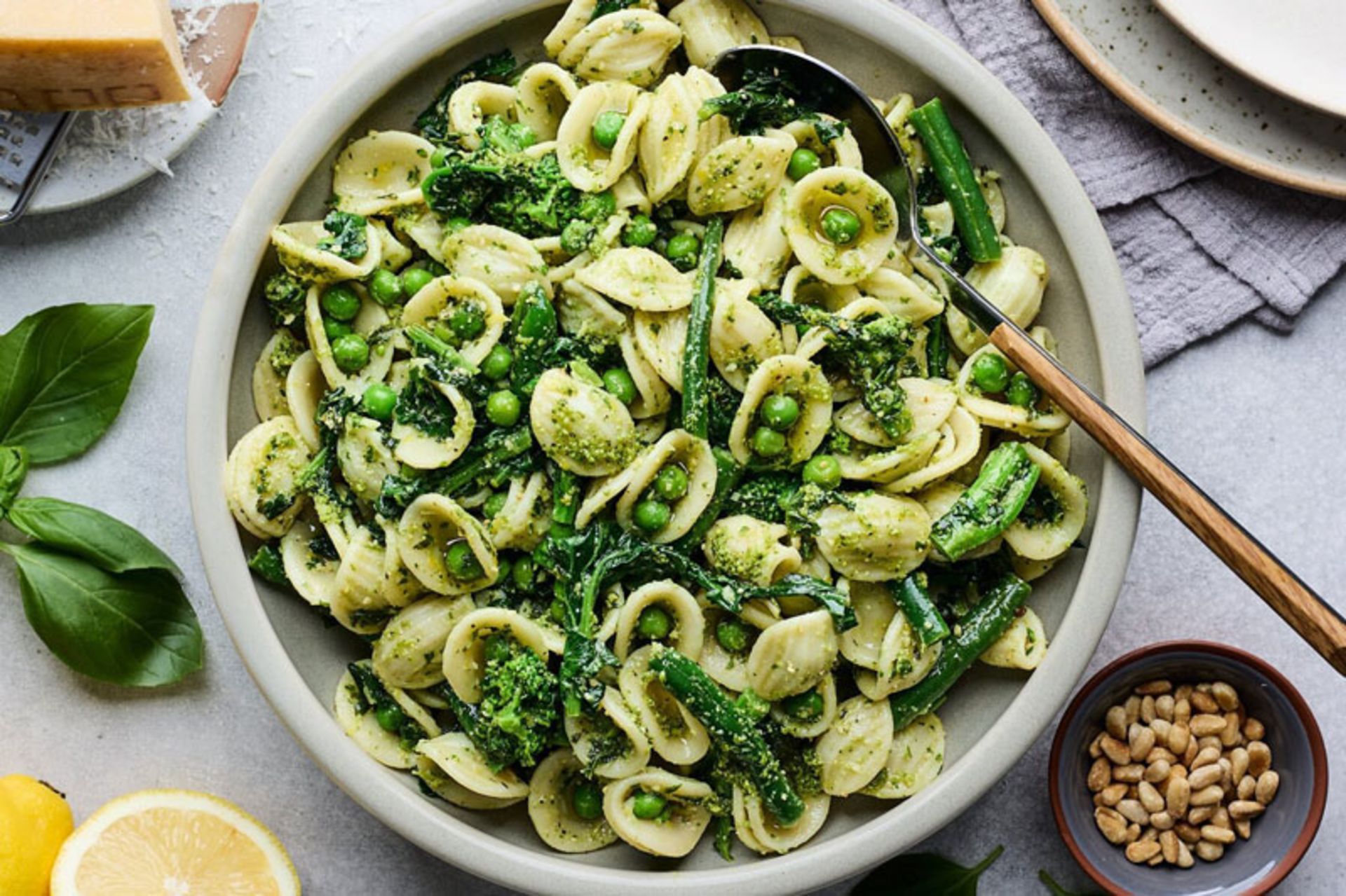 Pasta in a gray plate