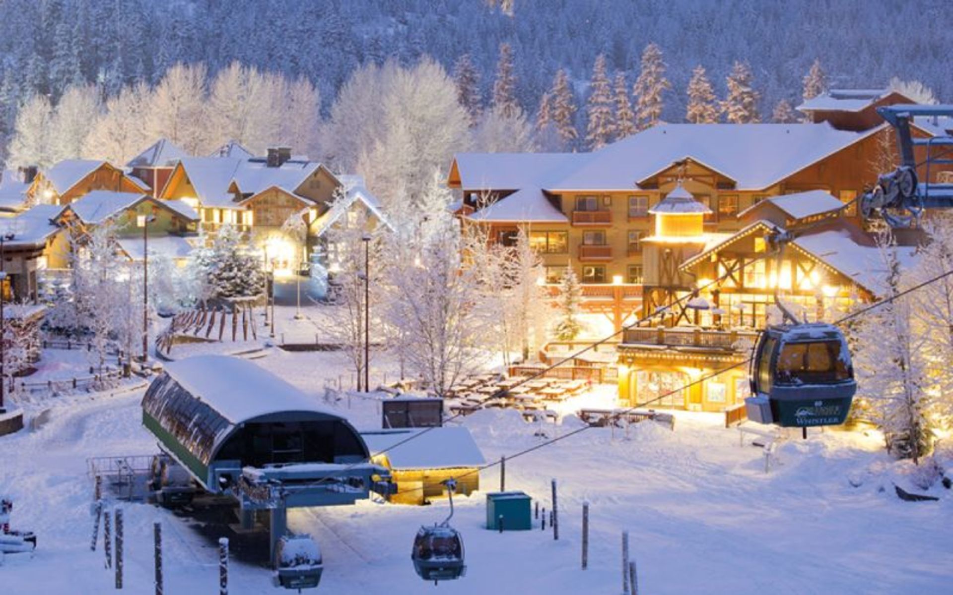 Snow covered buildings in Whistler