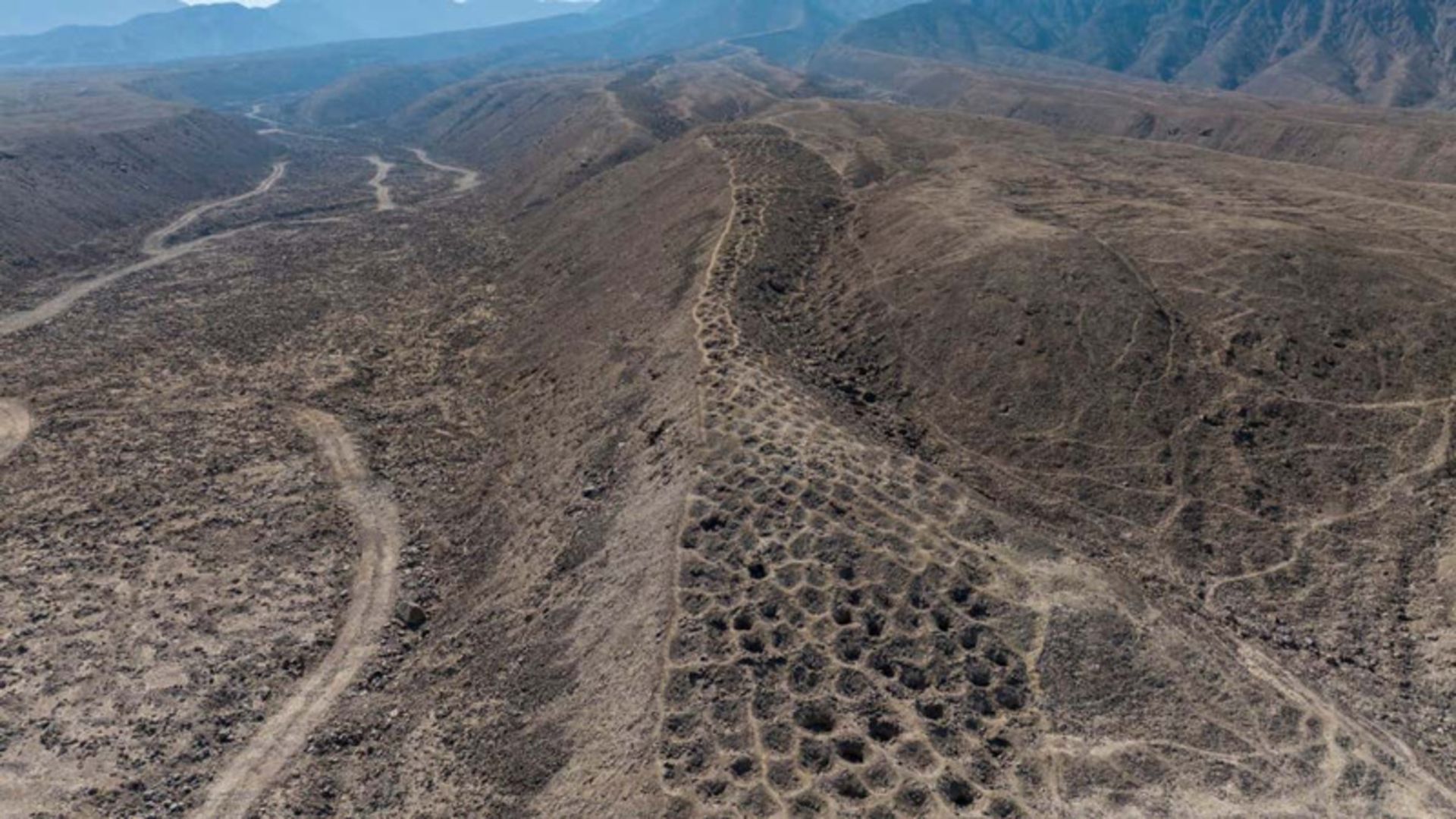 Aerial photo of Peru's ancie pits in the Andes mouains
