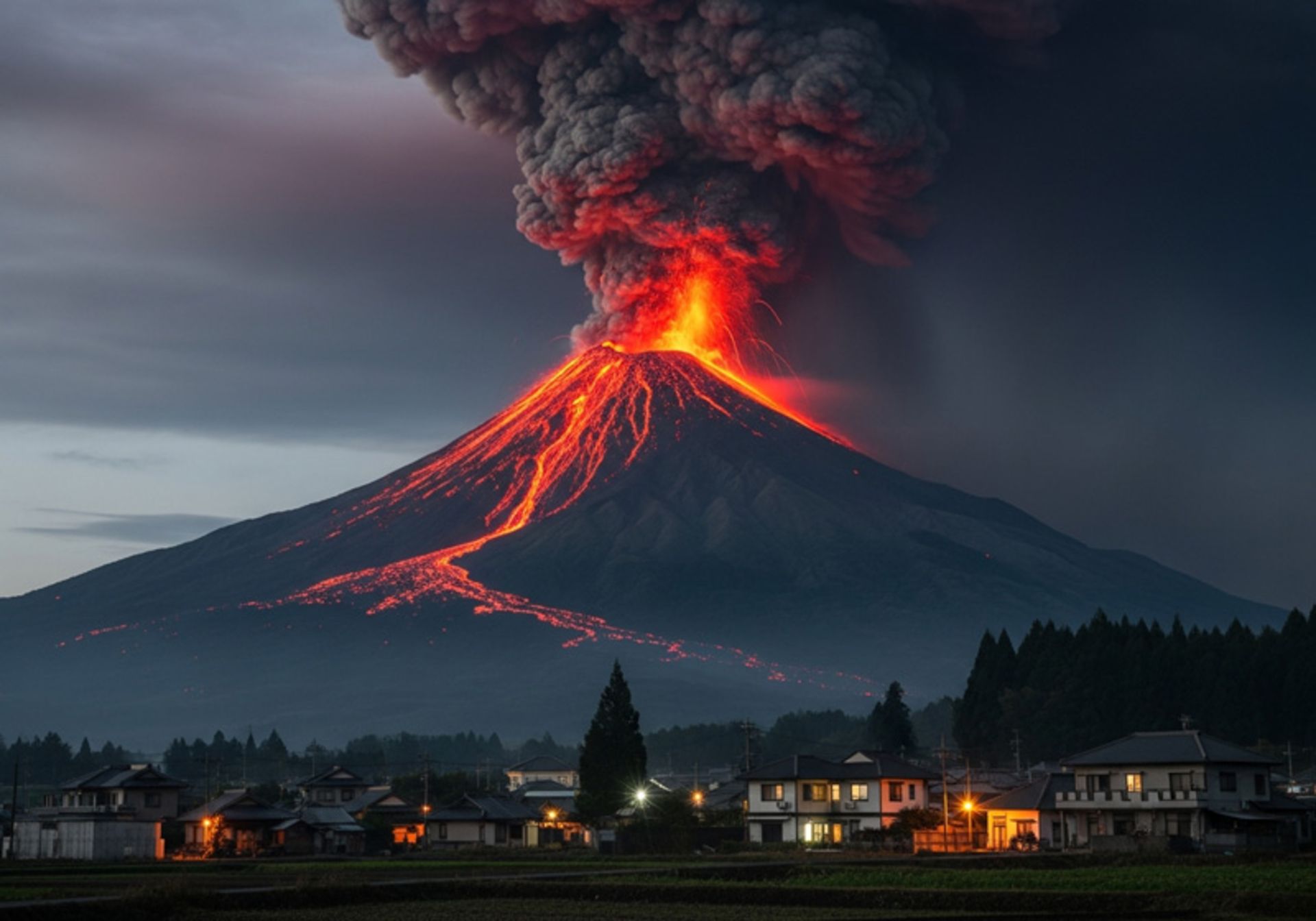 Volcano eruption and a village on the mouainside