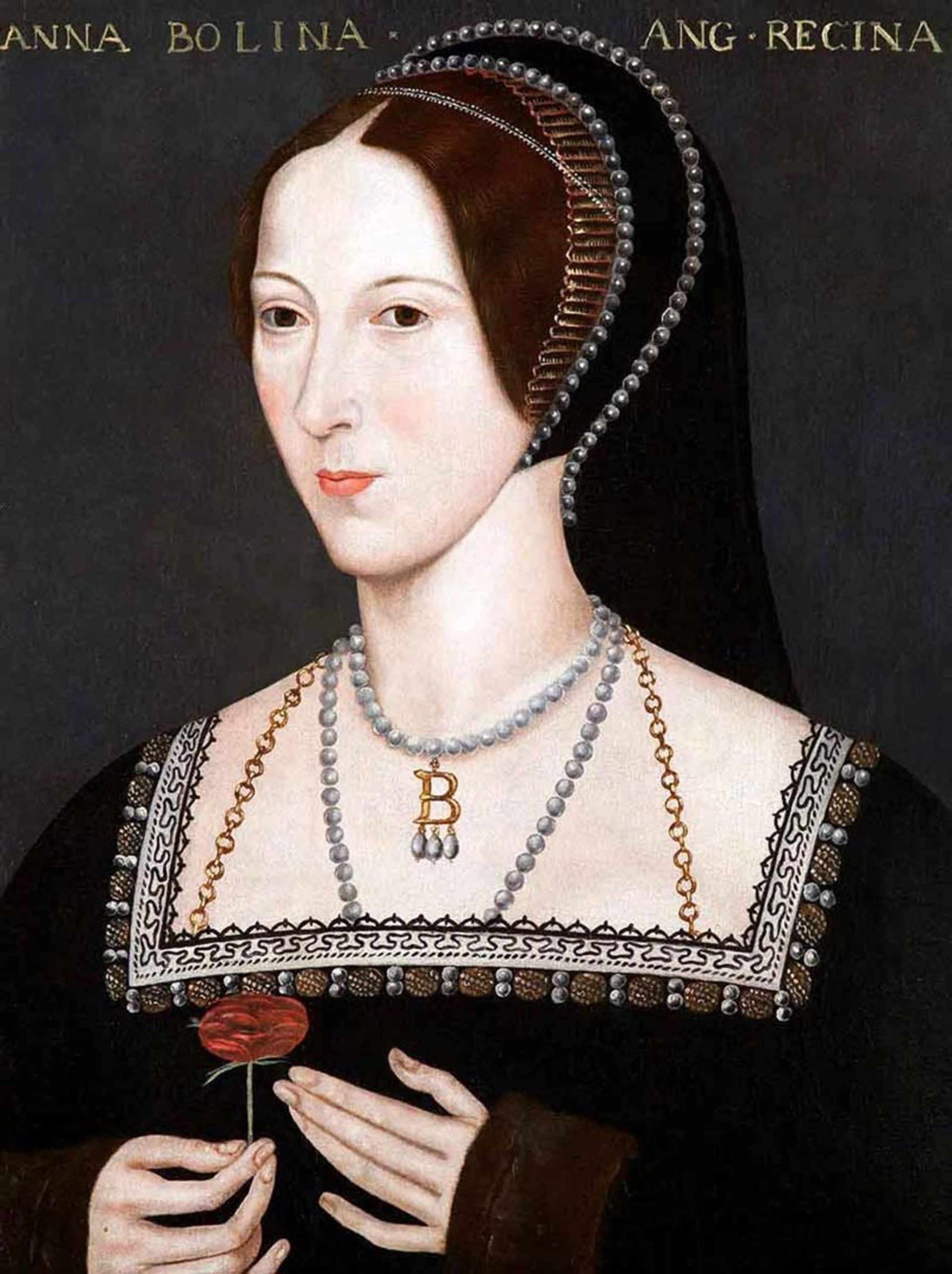Bust paiing of a woman with pearl embroidery hat, black dress with square collar